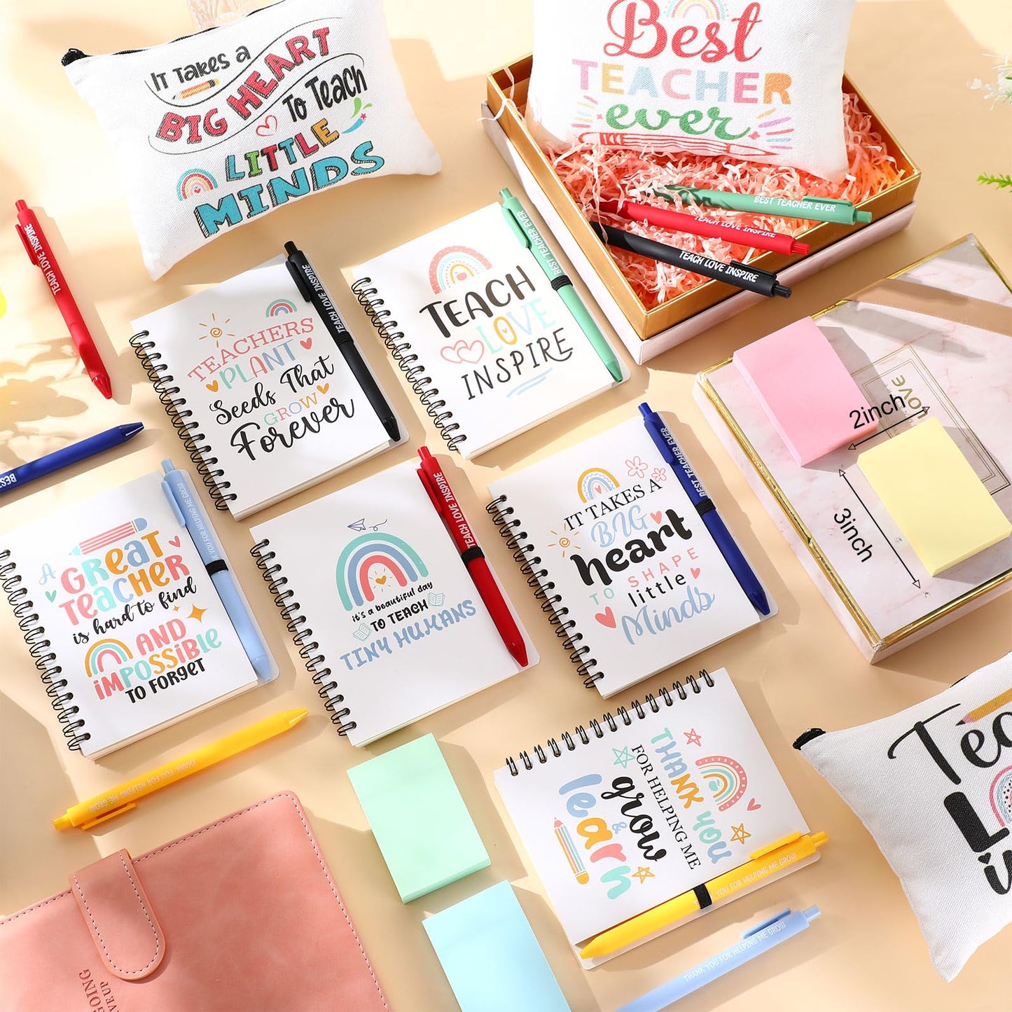 Resurhang 72 Pcs Teacher Appreciation Gifts Bulk Spiral Notebook Thank You Gifts for Women Includes Rainbow Wirebound Spiral Notebook Ballpoint Pen Makeup Bags Sticky Note for Teachers Gifts