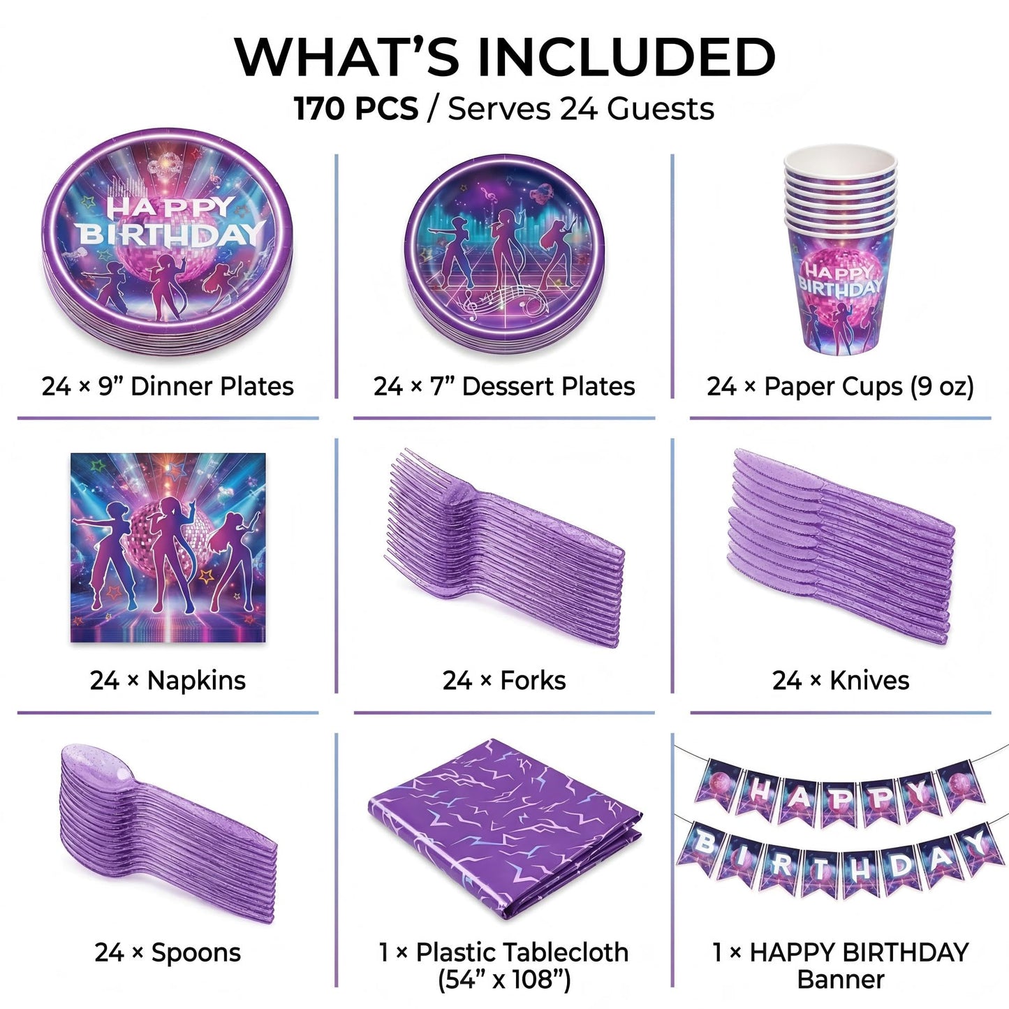 170 Pcs Birthday Party Supplies for 24 Guests, KPop Inspired Disco Dance Music Theme Party Decorations with Banner, Plates, Napkins, Cups, Tablecloth & Cutlery