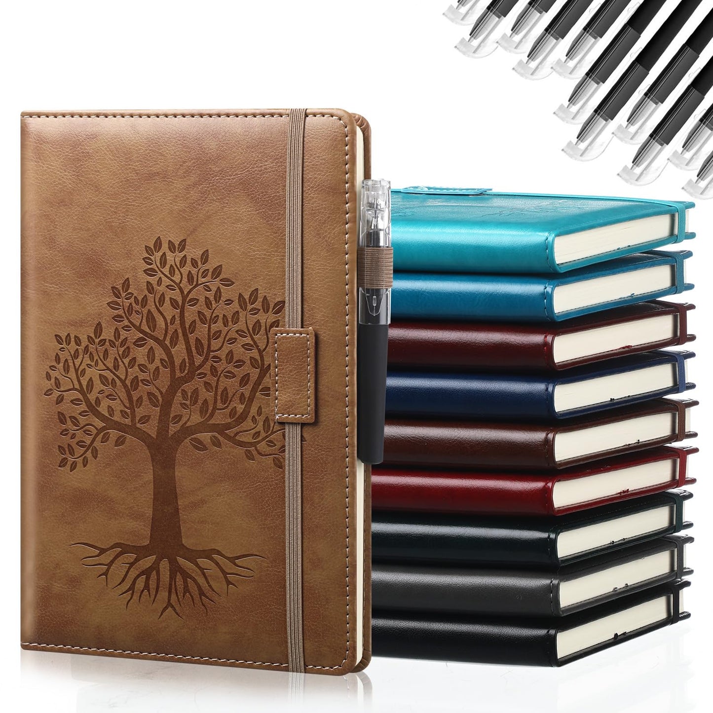 Estune 10 Pack Lined Journal Notebook A5 Tree of Life Hardcover Leather Journal with 10 Pen, College Ruled Notebook for Travel, Business, Work, Office, School Note Taking Diary(Retro Dark Color)