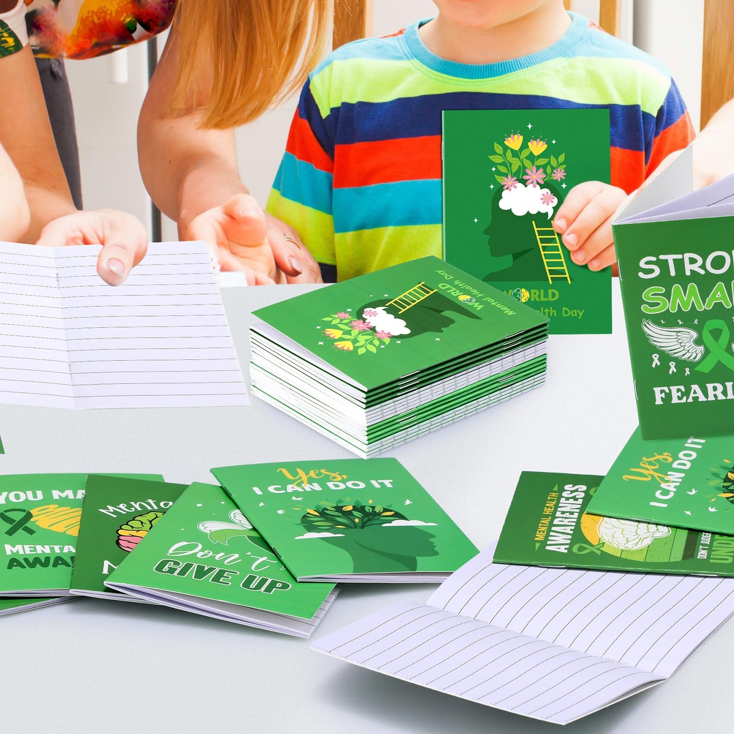 Dinifee 200 Pcs Mini Mental Health Notepads Small Memo Pad Notepads Bulk Mental Health Awareness Green Ribbon Pocket Notebooks, 10 Styles