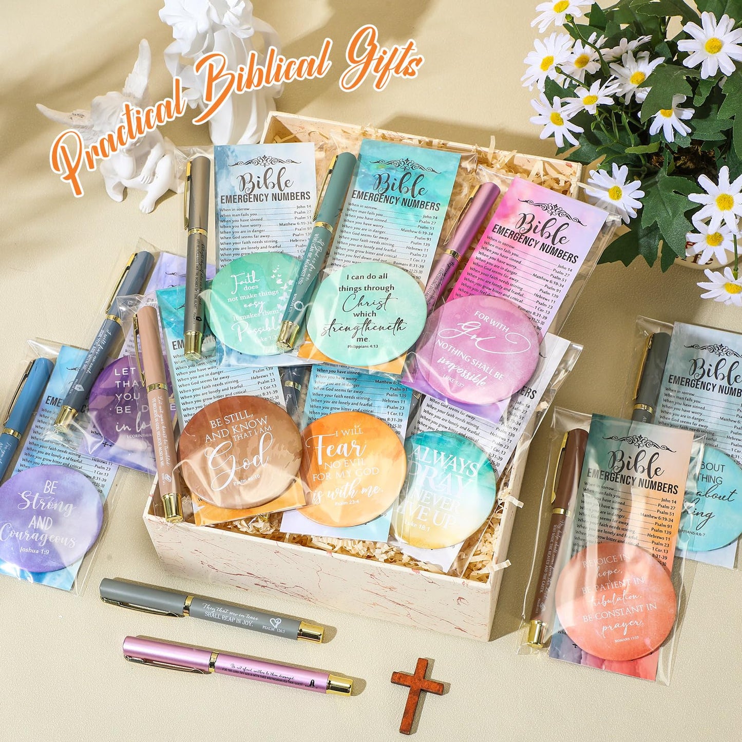 Sayglossy 50 Sets Christian Women Gifts Bulk Bible Verse Gel Pens Religious Compact Mirrors Emergency Bookmarks for Mother Grandmother Daughter Bible Study Group (Rendering Color)