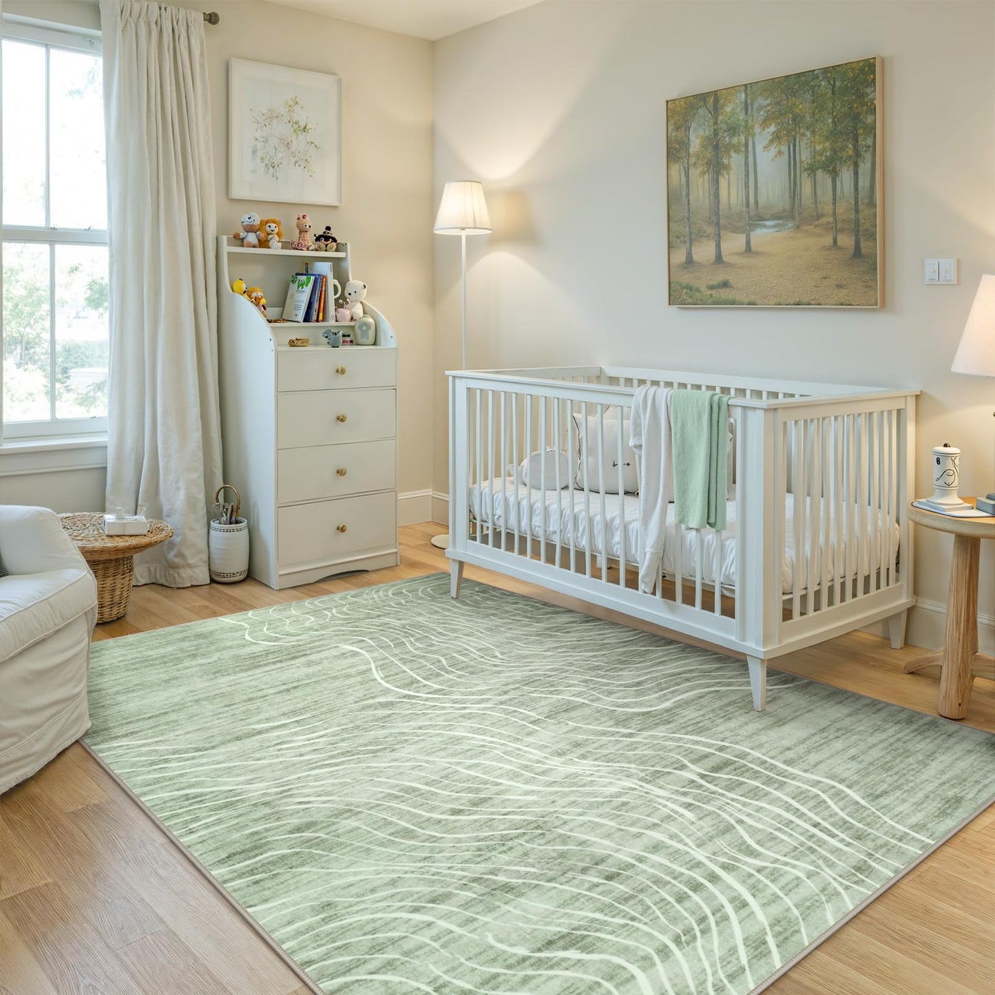 5x7 Sage Green Modern Abstract Area Rugs for Living Room, Washable Rugs for Nursery Bedroom, Non-Slip Minimalist Neutral Wave Striped Rugs for Playroom Boys, Throw Accent Rug Carpet for Dining Room