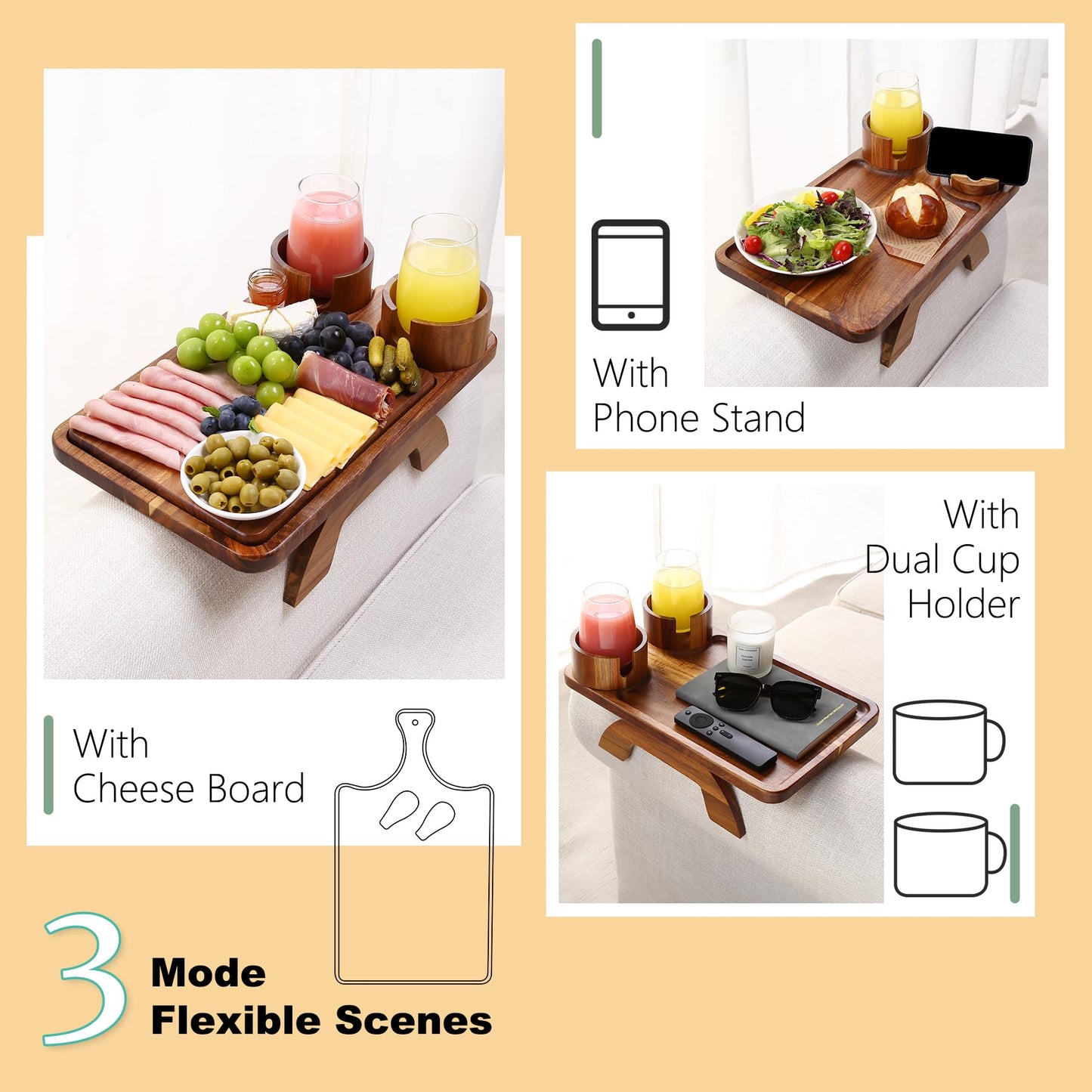 Nnewvante Couch Arm Table with Cheese Board, 4 in 1 Large 15.7"x9.85" Acacia Wood Sofa Arm Clip on Tray with 360 Rotated 2 Cup Holder & Phone Holder & Knife Fork on Armrest