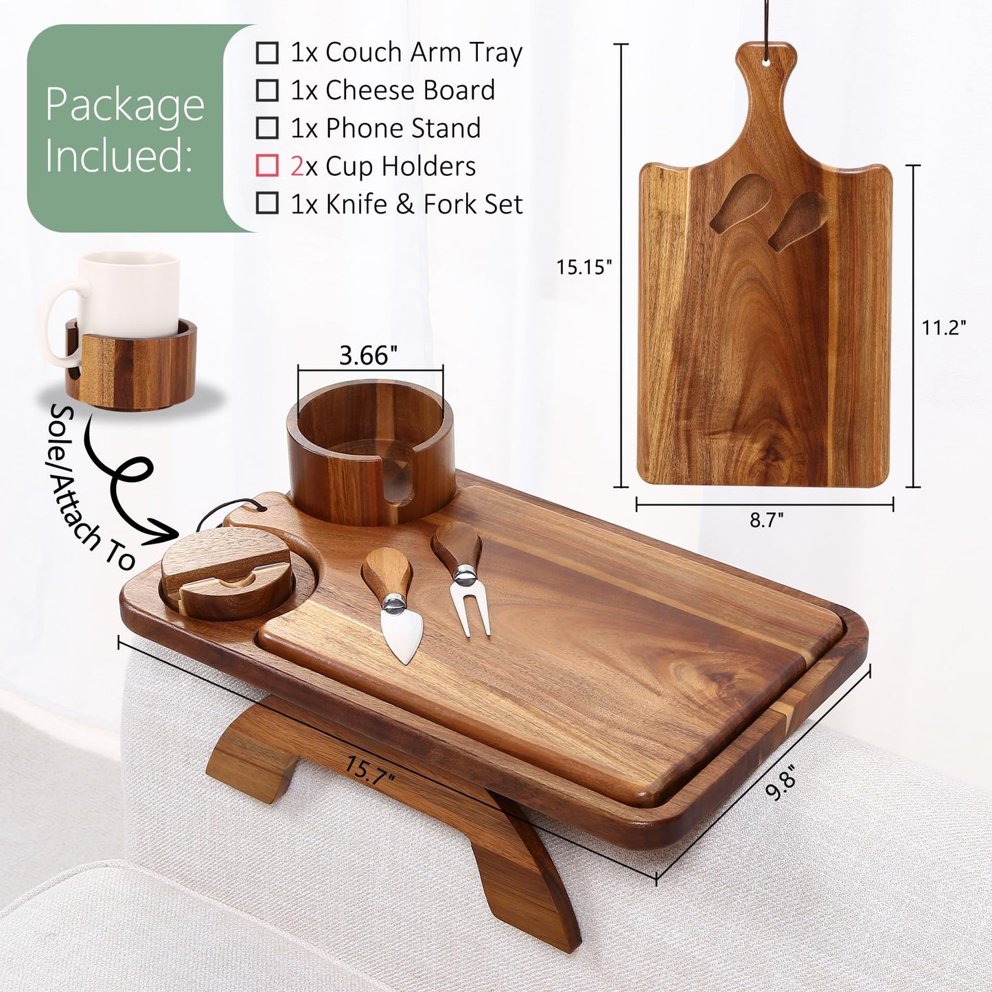 Nnewvante Couch Arm Table with Cheese Board, 4 in 1 Large 15.7"x9.85" Acacia Wood Sofa Arm Clip on Tray with 360 Rotated 2 Cup Holder & Phone Holder & Knife Fork on Armrest