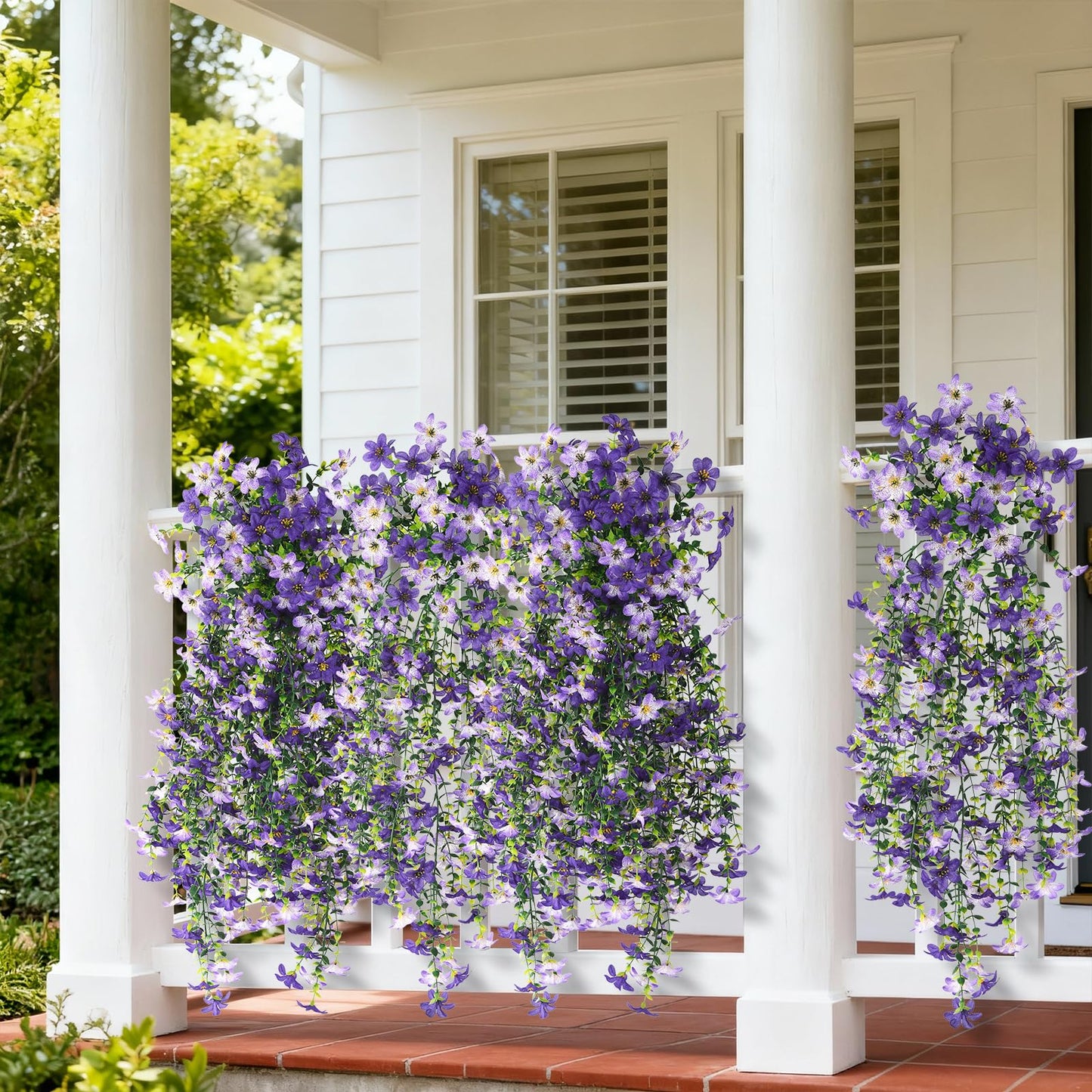 Artificial Fake Hanging Flowers Plants for Outdoor Spring Summer Decoration,2 PCS Faux Silk Daisy with Eucalyptus Leaves,UV Resistant Look Real for Outside Home Planter Porch Patio Balcony Yard Decor