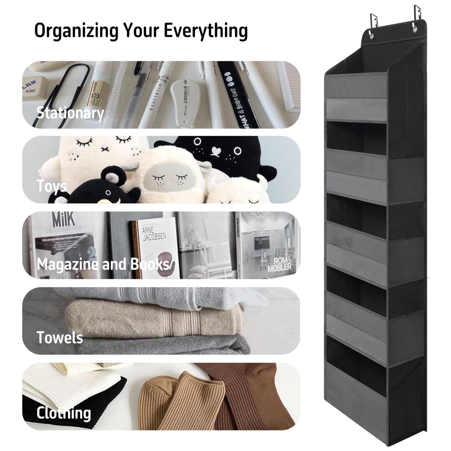 TYMENSH Over Door Organizer with 5 Large Pockets, Heavy Duty Hanging Organizer Storage, Closet Bathroom Nursery Bedroom Dorm, Toys Cosmetics Sundries and Baby Essentials, Black