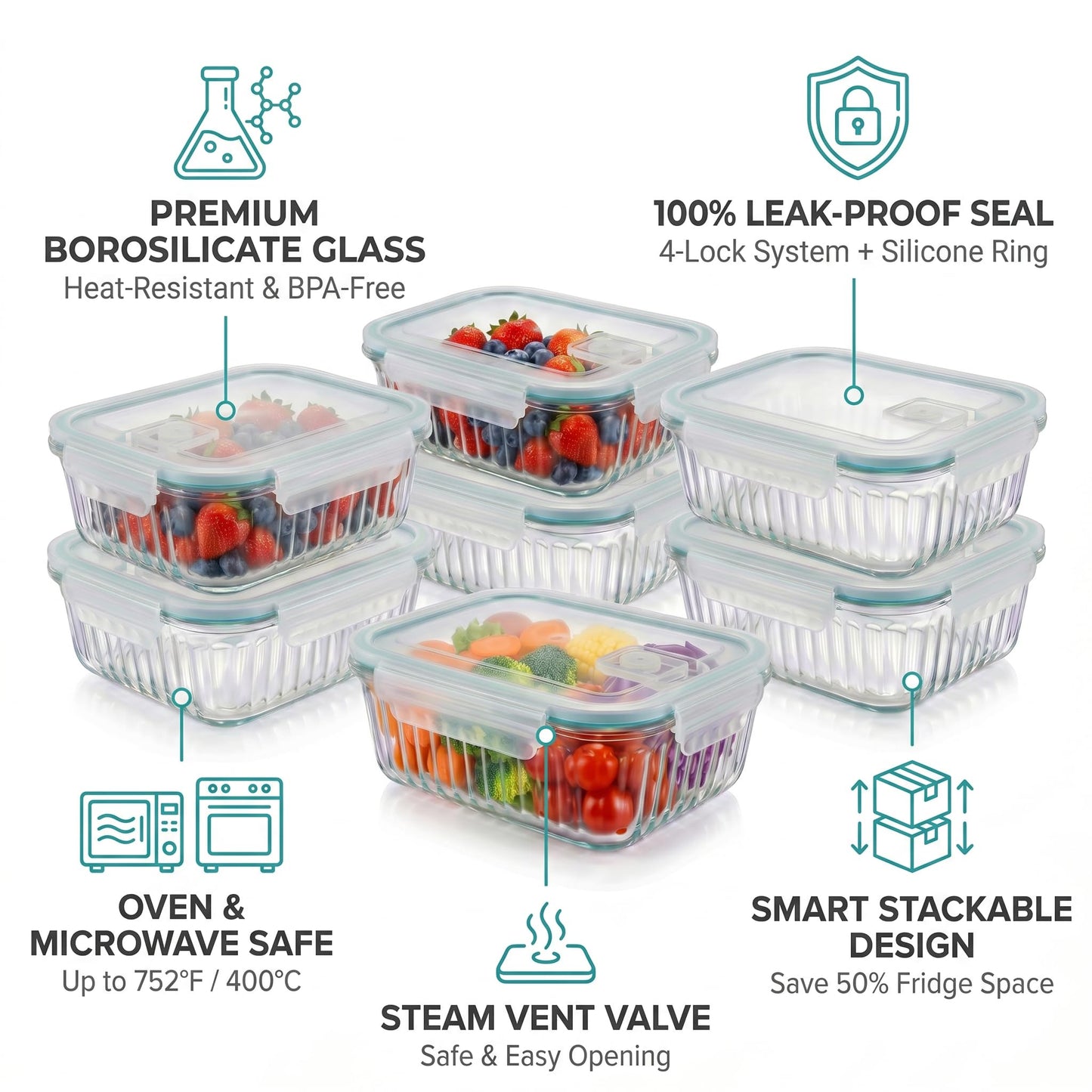 WOVOW 5-Packs, 36 Oz Glass Meal Prep Containers with Snap Locking Lids Glass Food Containers,Airtight Lunch Container,Microwave, Oven, Freezer and Dishwasher