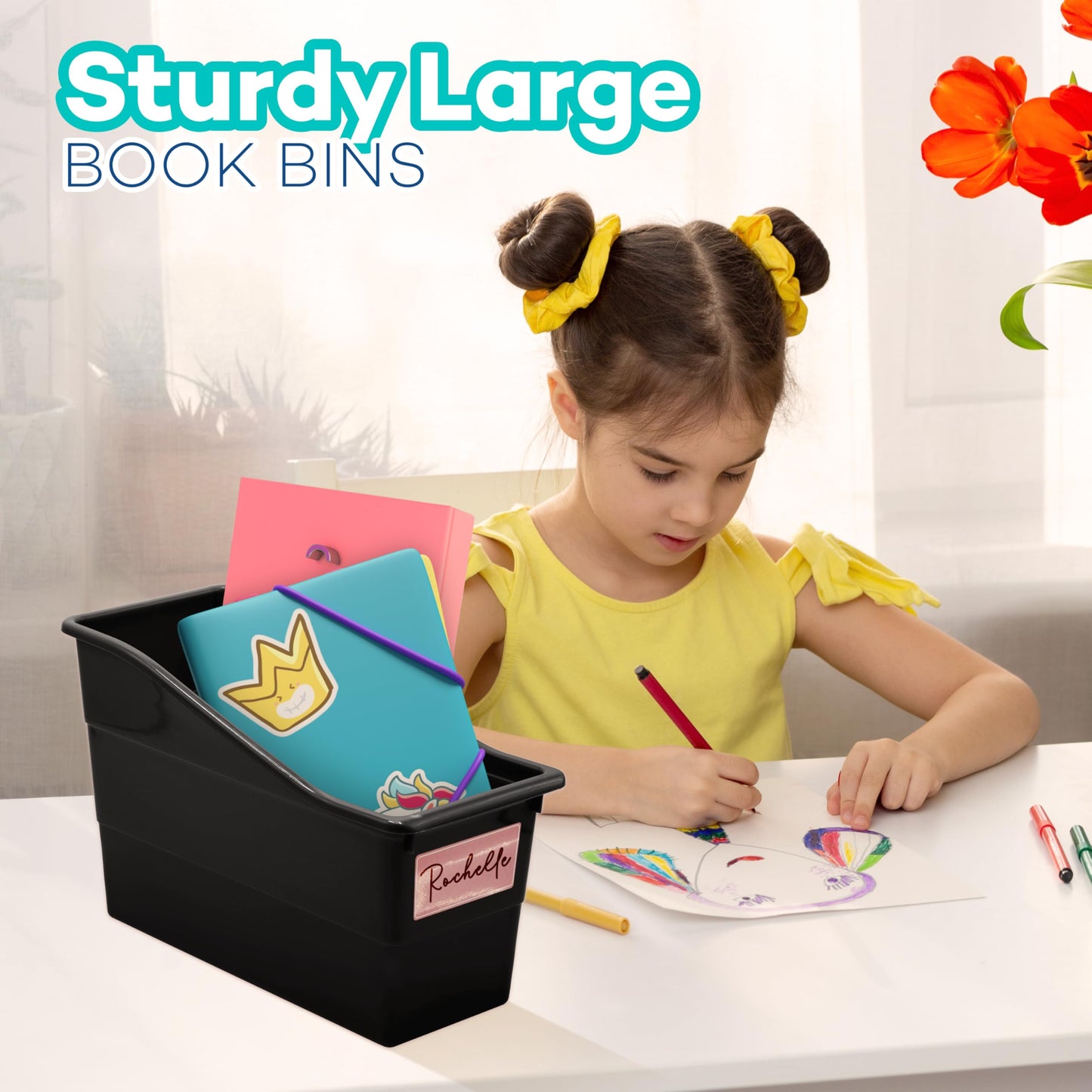 4E's Novelty 6 Durable Book and Binder Holder, Files Book Bins for Classroom, Plastic Vertical Storage Book Organizer Folder Office Classroom Organization Containers Supplies (Black)