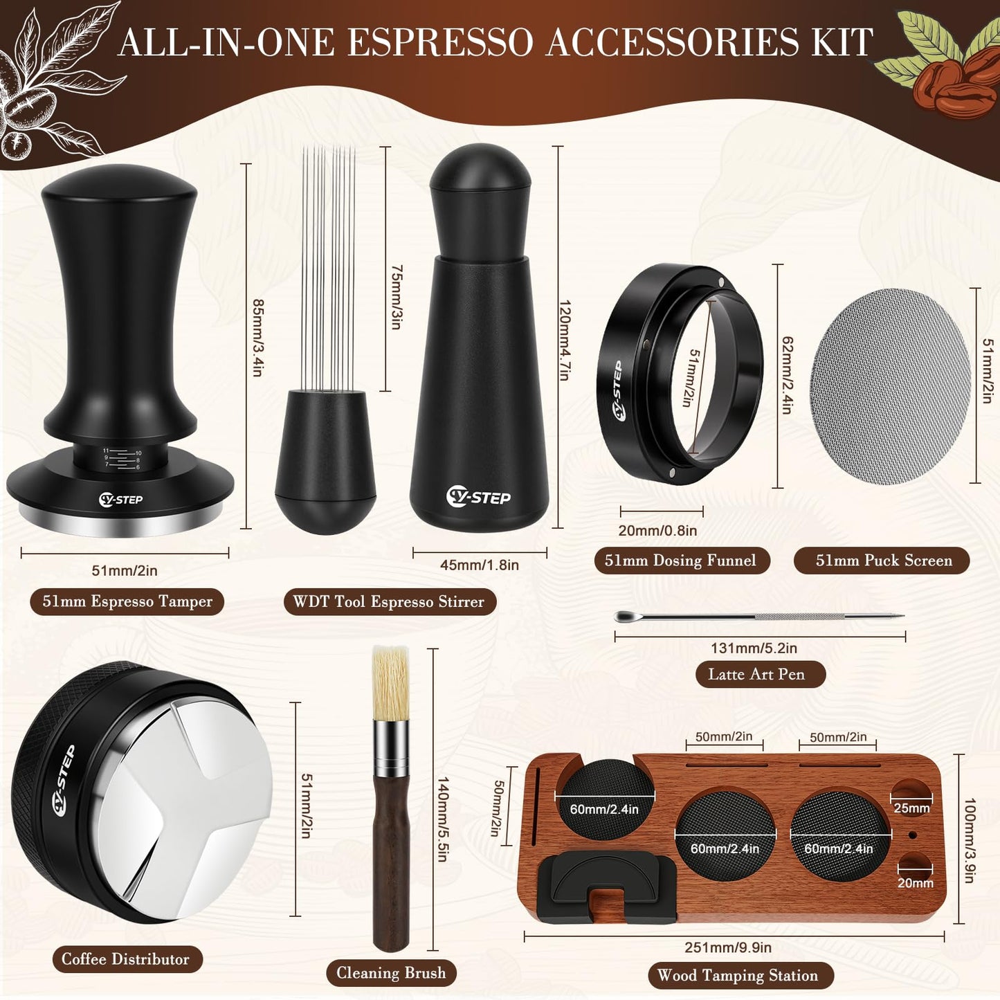 Y-Step 8 Pcs Espresso Accessories Kit, 51mm Espresso Tamper Kit Espresso Tools Barista Kit & Espresso Tamping Station, with 51mm Coffee Tamper, Distributor, WDT Tool, Dosing Funnel, Puck Screen, Brush