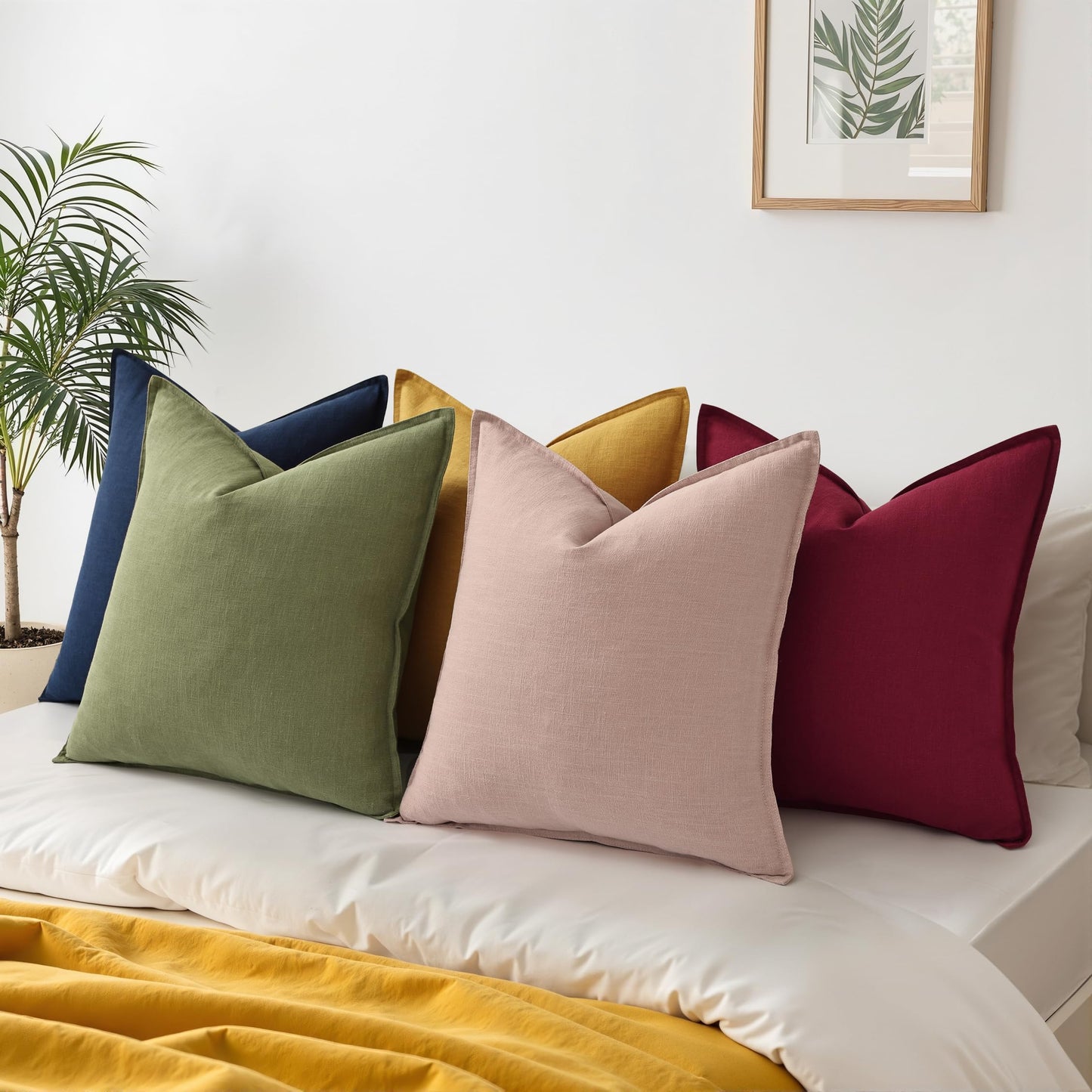 decorUhome Summer Decorative Linen Throw Pillow Covers 18x18 Inch Set of 2 Navy Blue Pillow Covers with Flange Edges Soft Farmhouse Boho Accent Pillow Cases for Couch Bed Living Room
