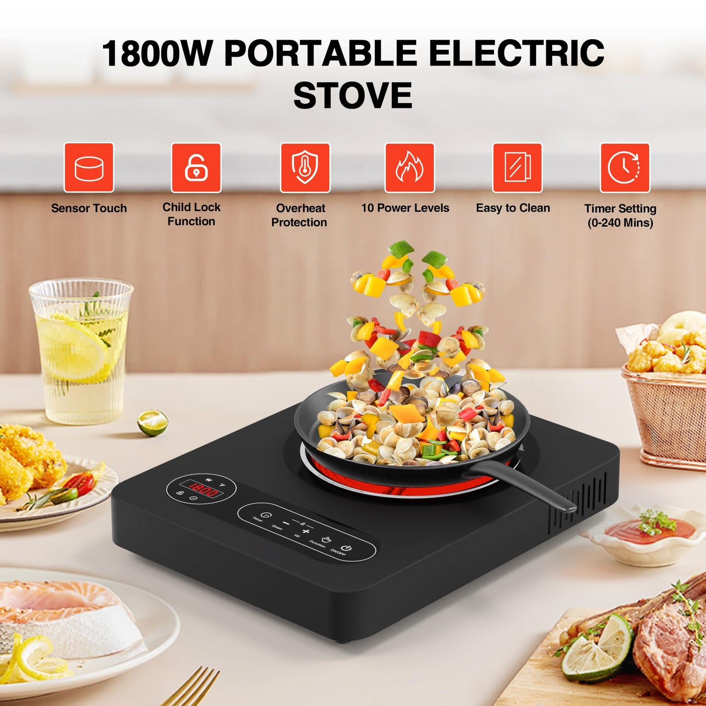 Nafewin Single Burner Electric Cooktop 1800W - 110V Electric Stove Top Burner Portable Stove with LED Touch Control 10 Power Level, Hot Plate with Child Safety Lock, Timer and Overheat protection