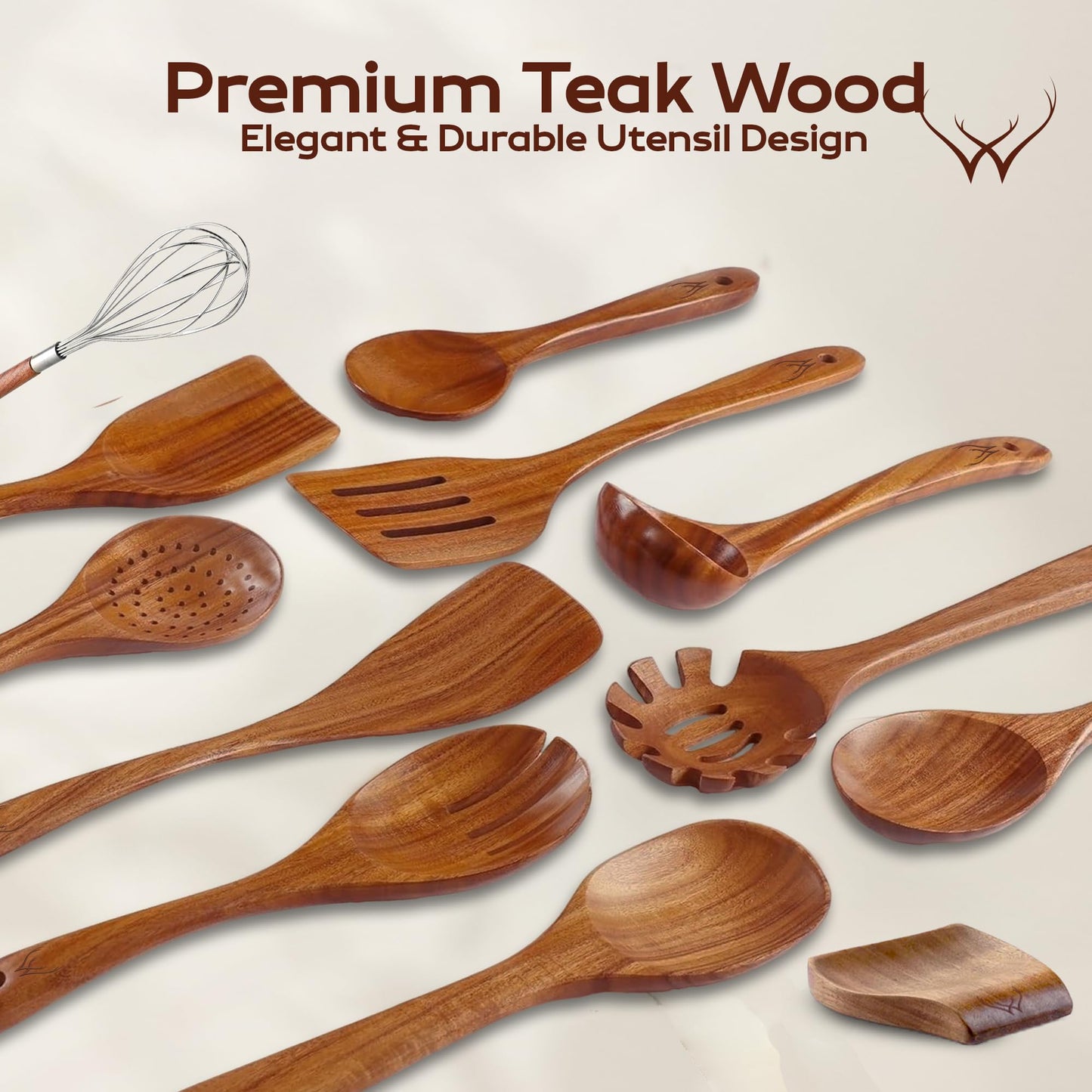12 Pcs Wooden Cooking Utensils Set – Luxury Wooden Kitchen Utensils with Holder, Versatile Wooden Spoons for Cooking & Durable Teak Wood Utensil Set for Modern Home - Cooking spoons with Spatula