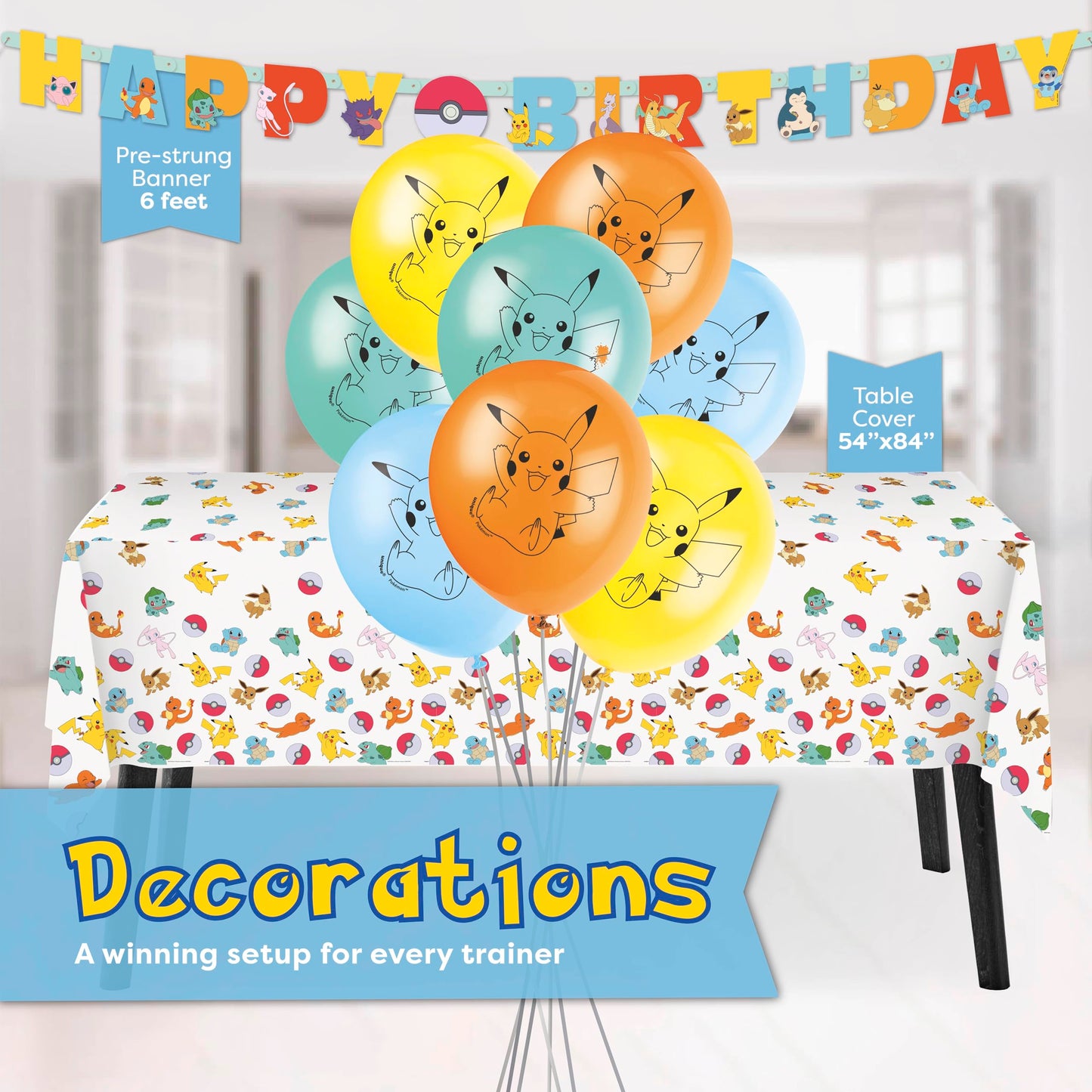 Pokemon Birthday Decorations Party Supplies for 16 - Officially Licensed Balloons, Tablecloth, Cake Plates, Napkins, Sticker