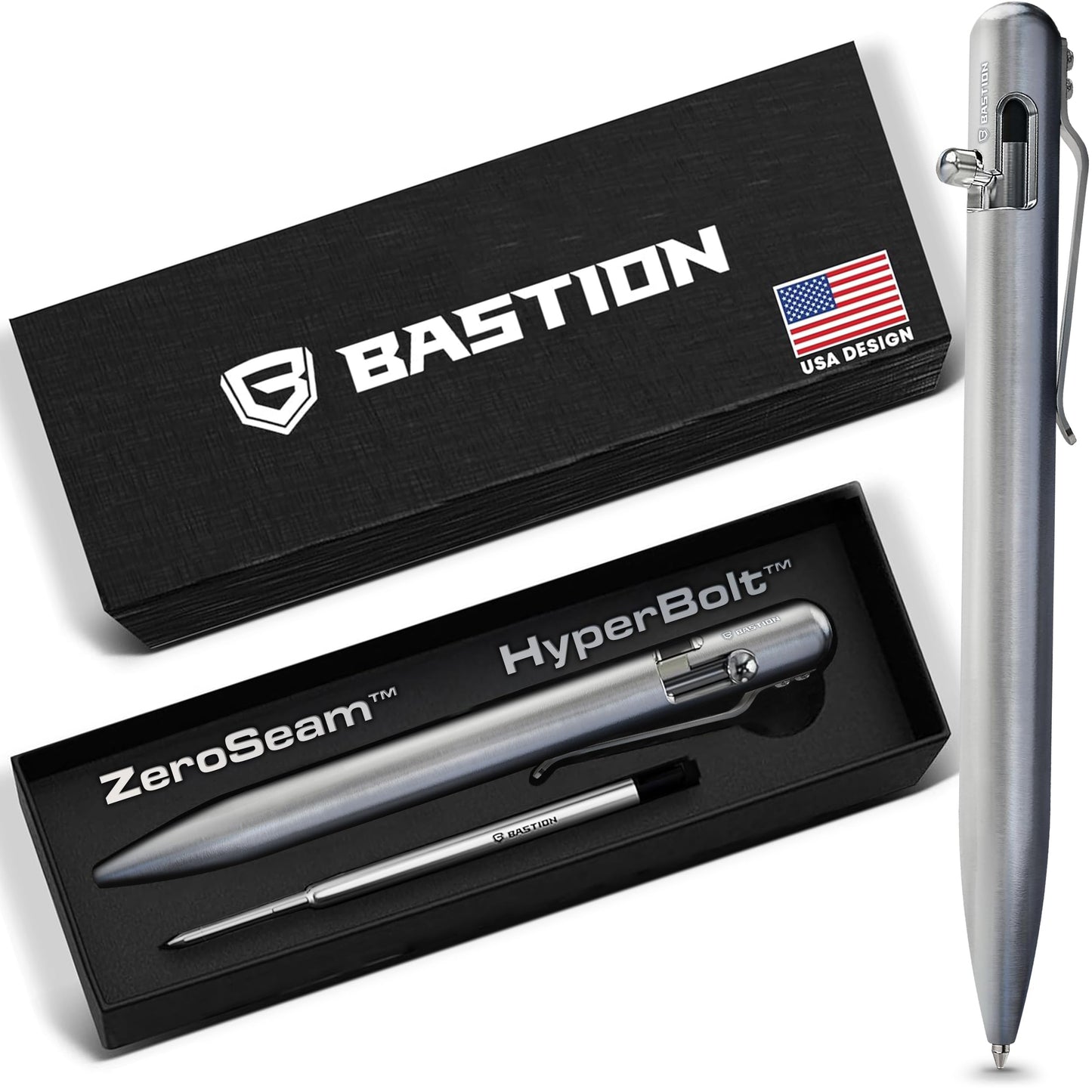 BASTION Bolt Action Pen - Titanium Silver - HyperBolt & ZeroSeam EDC Pen, Premium Metal Writing Pen, Smooth Ink, Durable Pocket Pen, Refillable Executive Gift