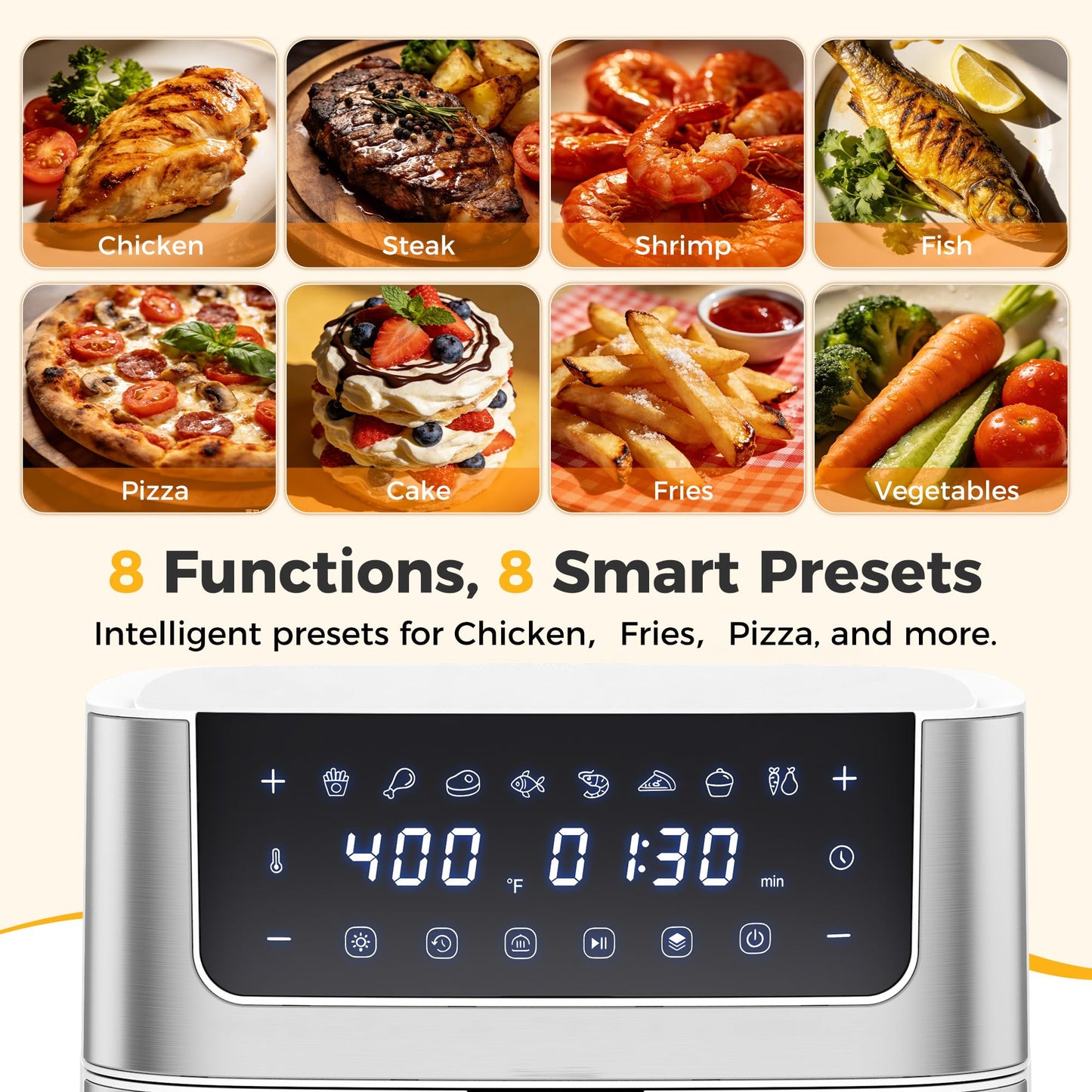 NEWBULIG Air Fryer 6.34QT, Airfryer with Visible Window, 400℉ Fast Heating Air Fryers Oven with Nonstick and Dishwasher-Safe Basket, 8-in-1 Cooking Preset, Timer，Auto-Off, Stainless Steel, White