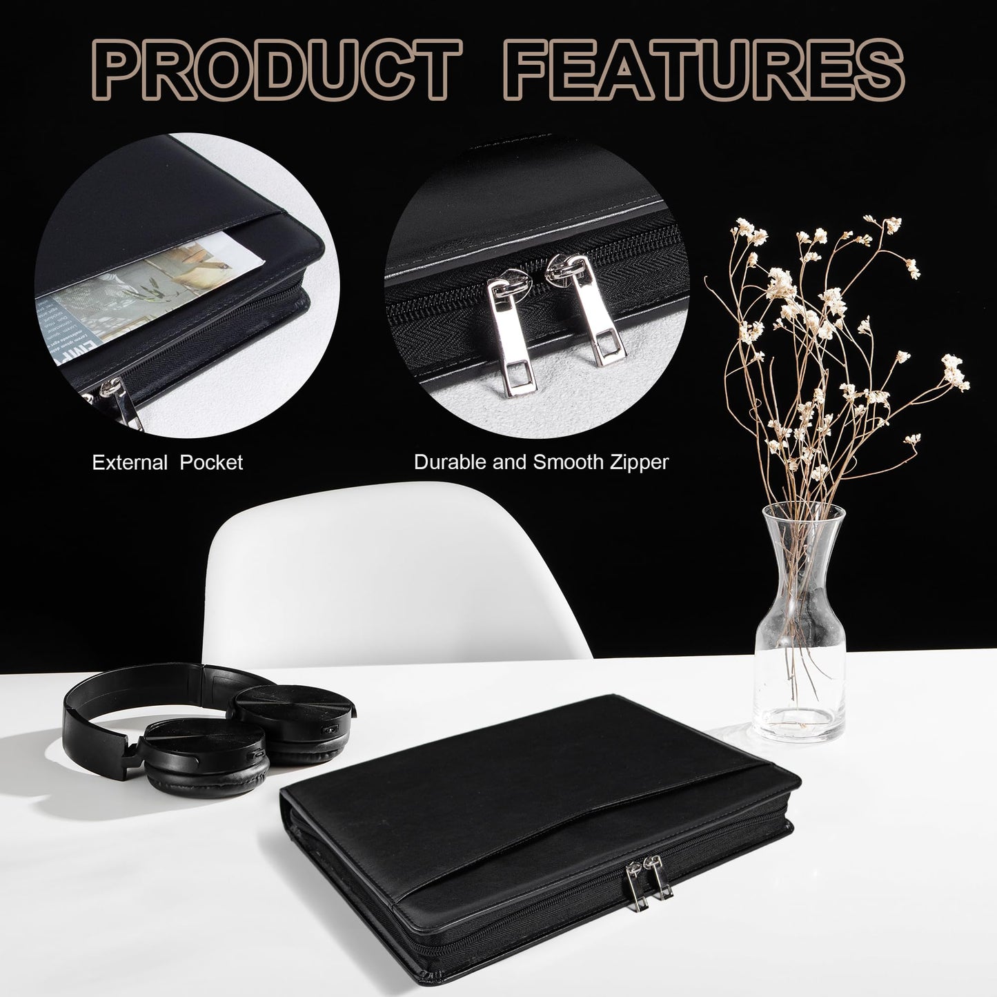 Calfinder Leather Padfolio with Zipper, Professional Business Padfolio for Women,Leather Portfolio for Men,Portfolio Binder for Ipad,Document and Resume,Gift for Valentine's Day