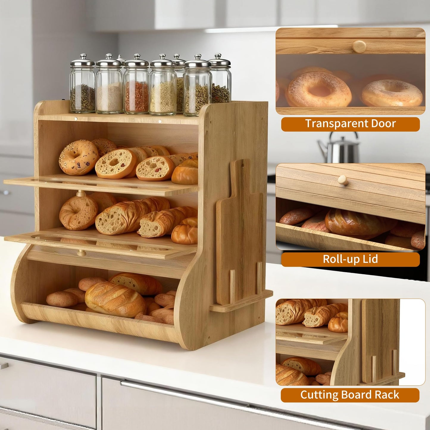 Coolfat Bread Box for Kitchen Countertop, 3 Tier Large Capacity Breadbox, with Window, Cutting Board Rack and Knife Holder, Bamboo Bread Container, Under Cabinet Organizer