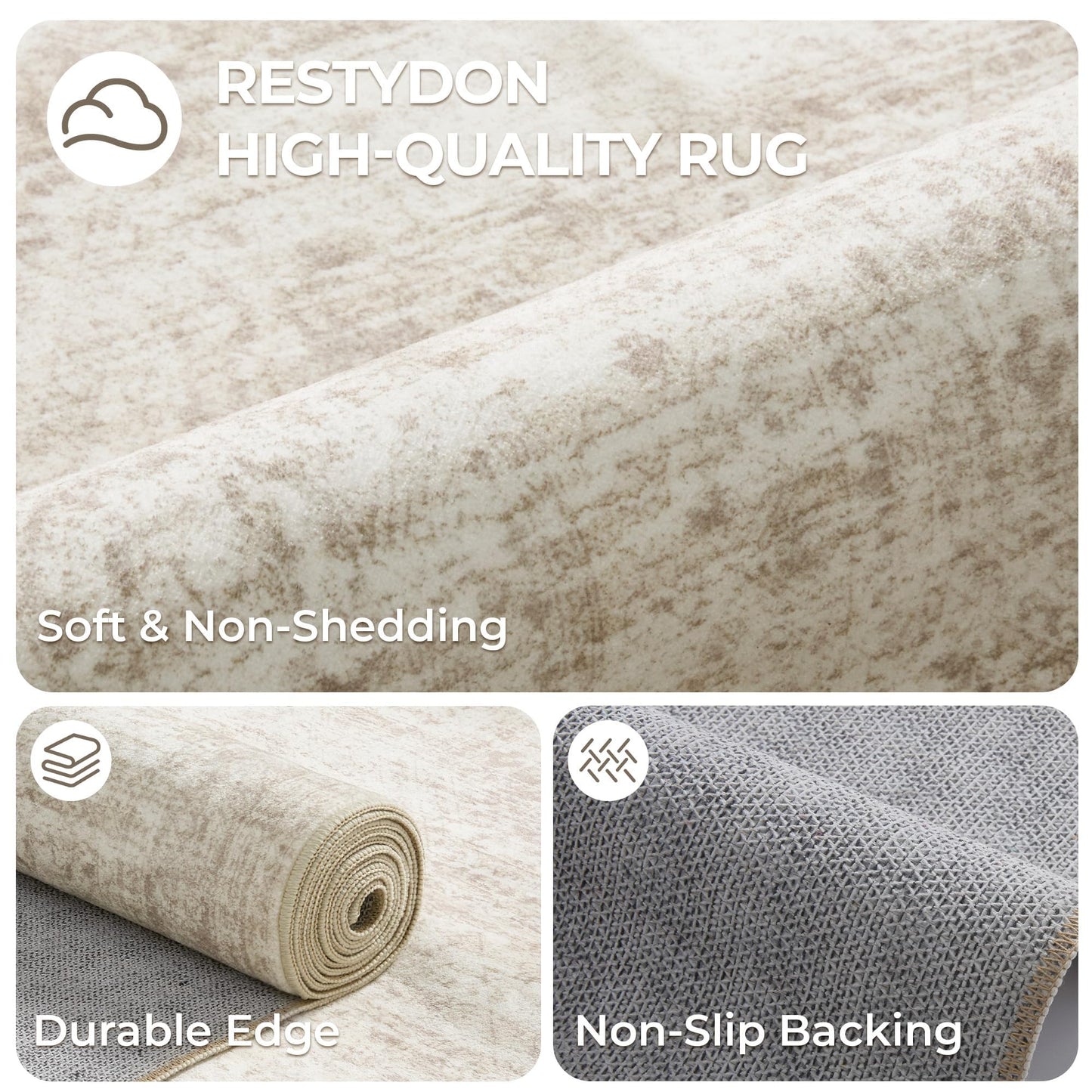 Restydon Rug Runners for Hallways Non Slip - 2x8 Runner Rug for Bedroom, Washable Runner with Rubber Backing, Soft Low-Pile Carpet for Kitchen, Laundry, Bathroom (2'x8', Beige/Ivory)