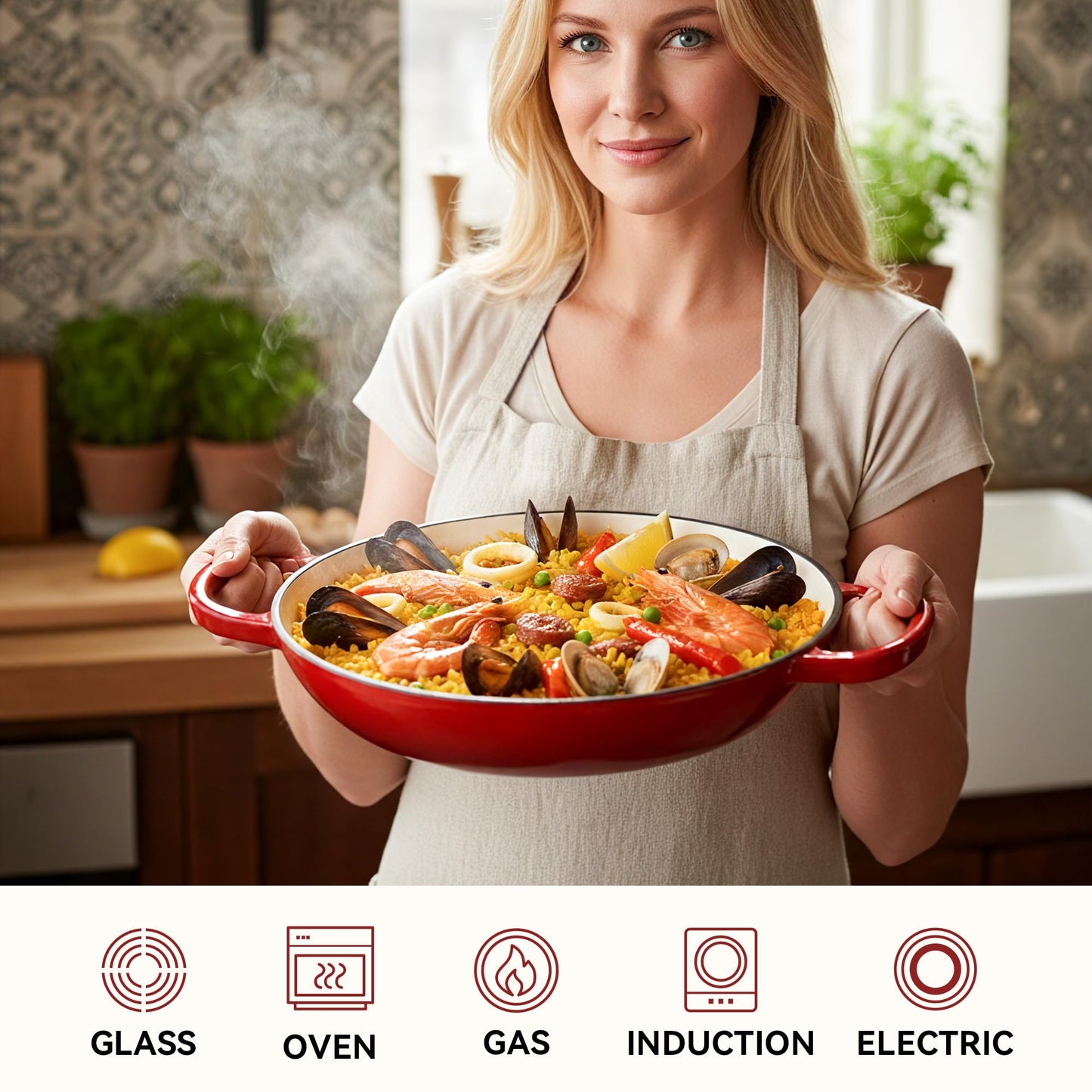 3 Quart Enameled Cast Iron Braiser, Non Stick Enameled Cast Iron Skillet with Lid, Dutch Oven Skillet with lid up to 500°F for Oven, Stove, Grill, Shallow Dutch Oven for Cook, Bake (Red)