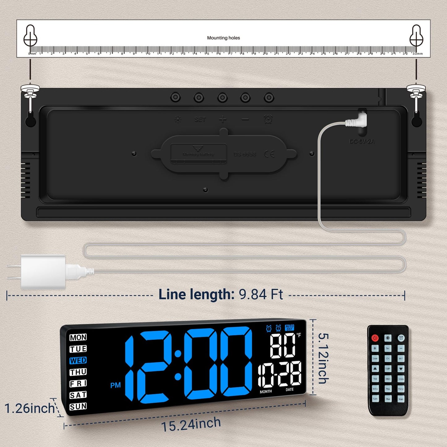 ANSOPER 16.5" Large Digital Wall Clock with Remote Control, Auto-Dimming LED Display with Date Temp, Big Number Wall Mount Decor Clock for Seniors, Classroom, Dorm, Home, Office, Gym Blue