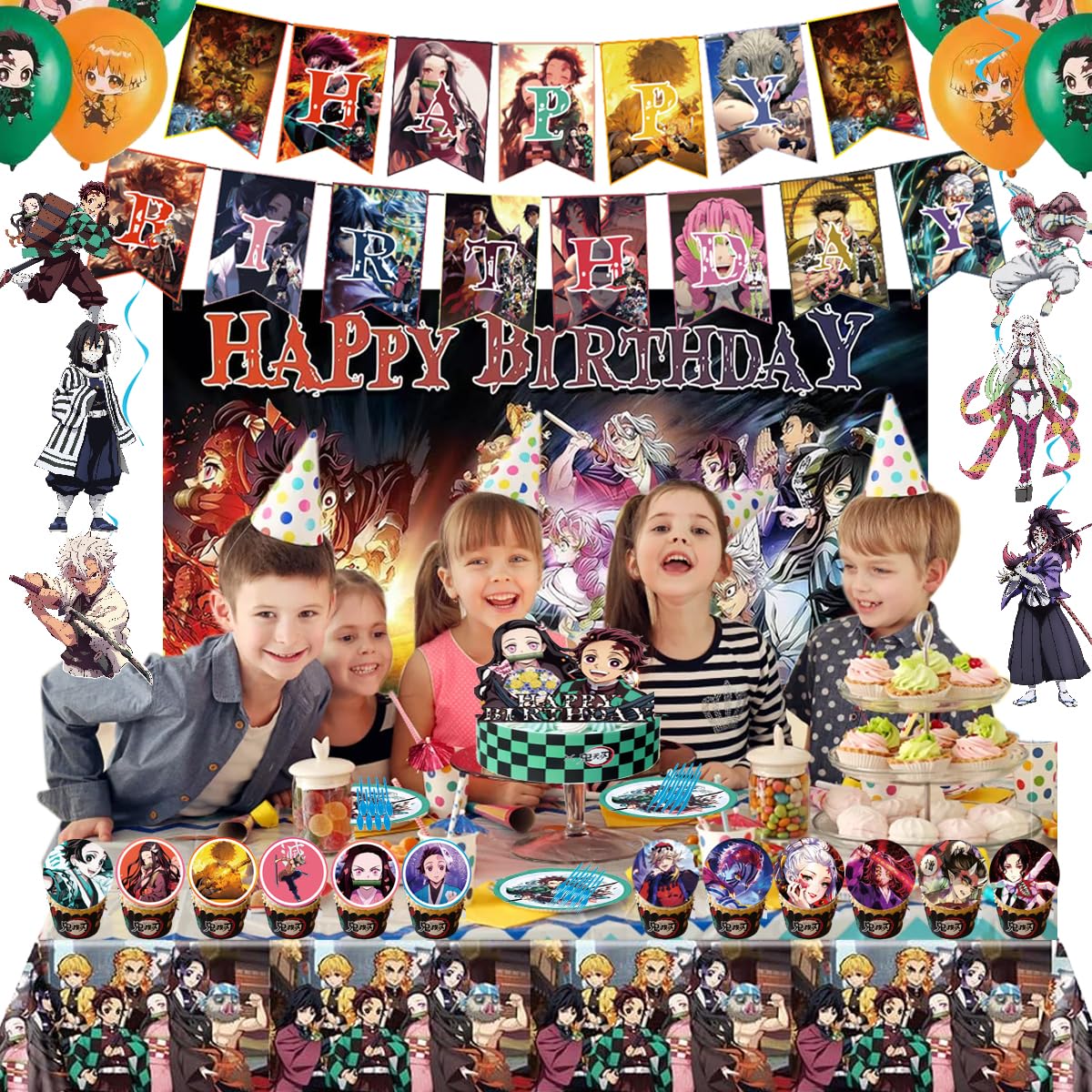 132Pcs Demon-themed birthday party decorations and party supplies,cake toppers, spiral hangings, dinner plates, tablecloths,stickers,