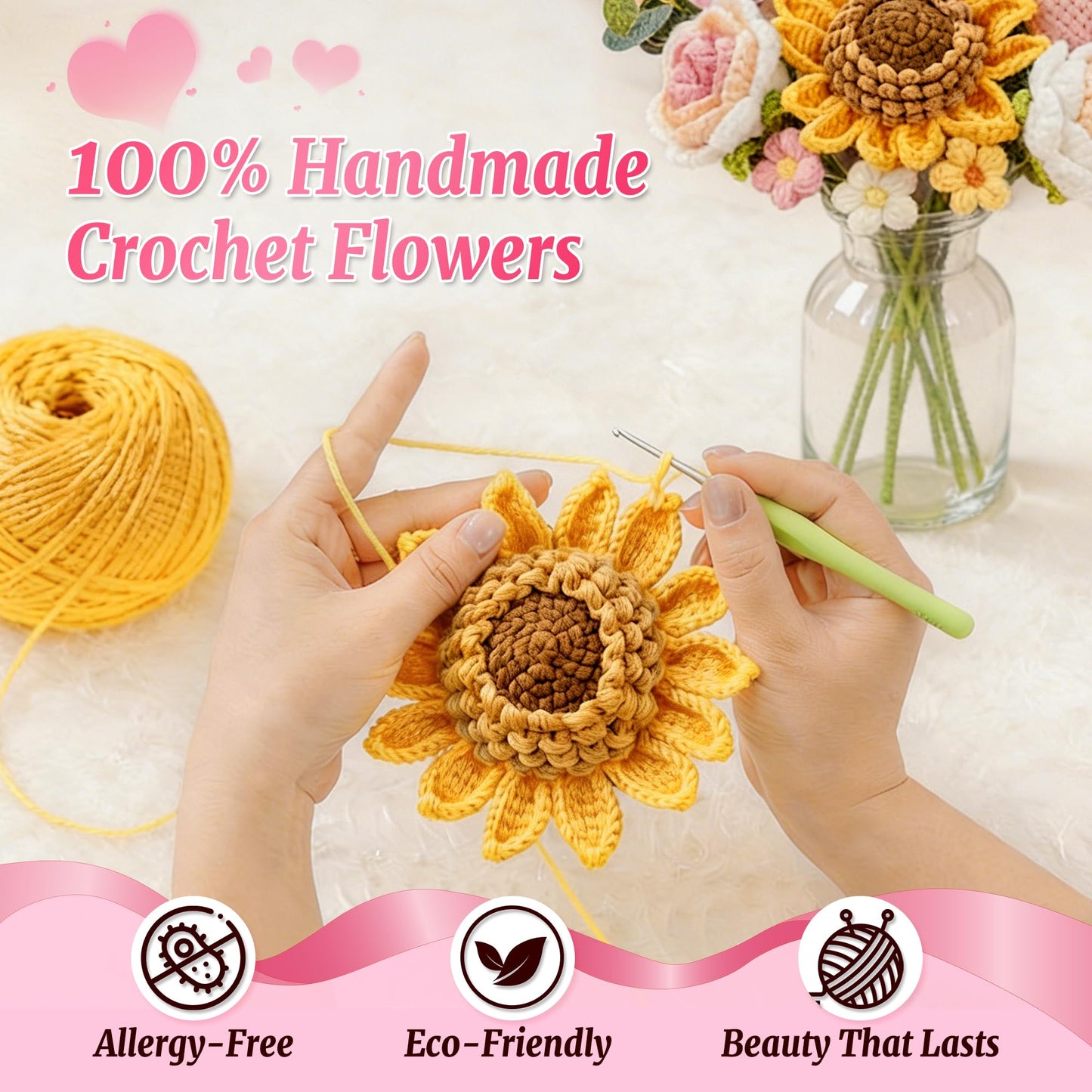 LETAAKA Crochet Flower Bouquet - Handmade Knitted Sunflower Crochet Flowers, Pink Crochet Bouquet Gift for Mom, Wife, Women, Mother's Day, Birthday, Graduation, Teacher Gifts with Gift Bag & Card