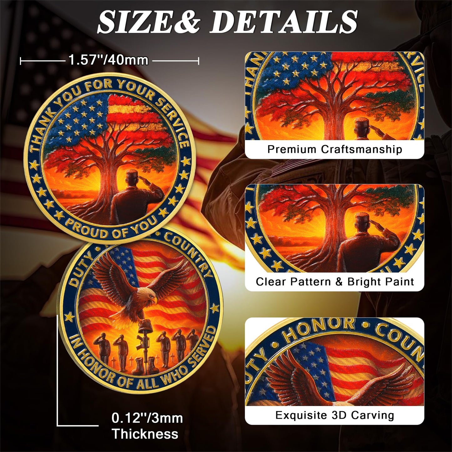 ASmileIndeep Military Challenge Coins - Thank You for Your Service Bulk Veterans Challenge Coin Military Appreciation Gifts for Men Women Veterans Army Patriotic Military Gift (24 PCS)