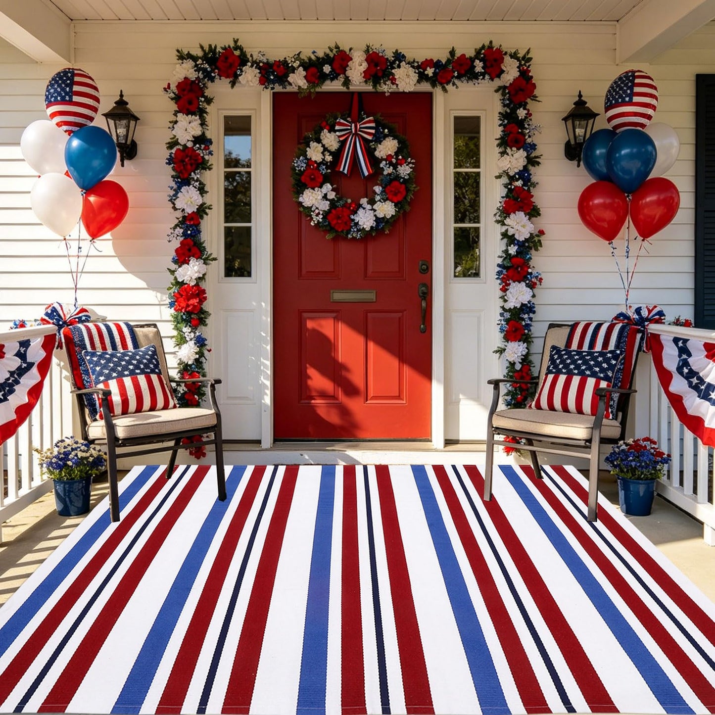 Bottalive USA 250th Anniversary Patriotic Doormat, 4' x 6' Red White and Blue Striped Outdoor Rug, Washable Farmhouse Front Porch Welcome Mat for Memorial Day, 4th of July, and Independence Day Decor