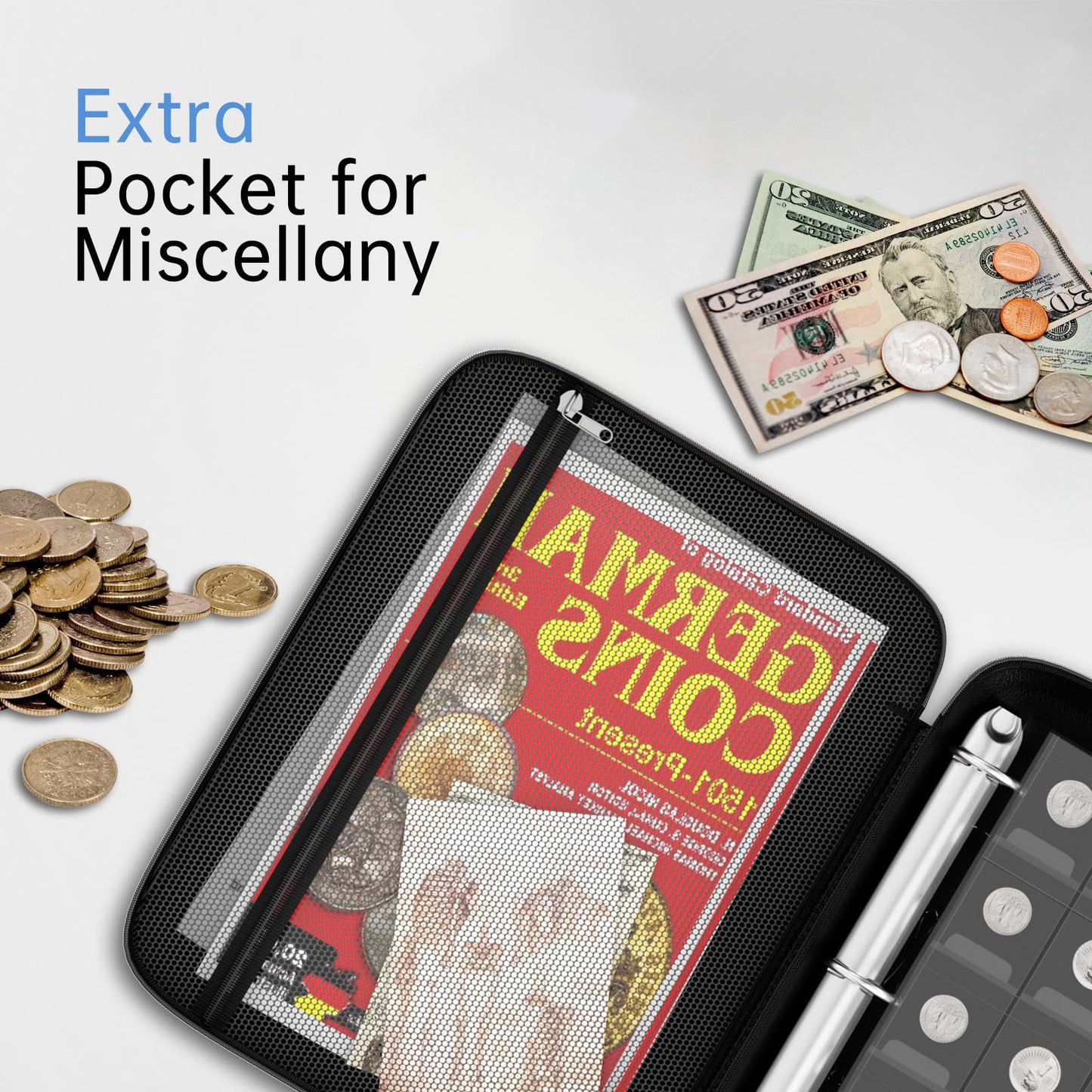 ZOOPIP Coin Collection Album with Lock,434 Pockets Fireproof Hard Coin Collection Book&36 Sleeves Currency Collection Binder storage for up to 45mm Coins(Quarter),Bill,Stamp,Postcard-Black