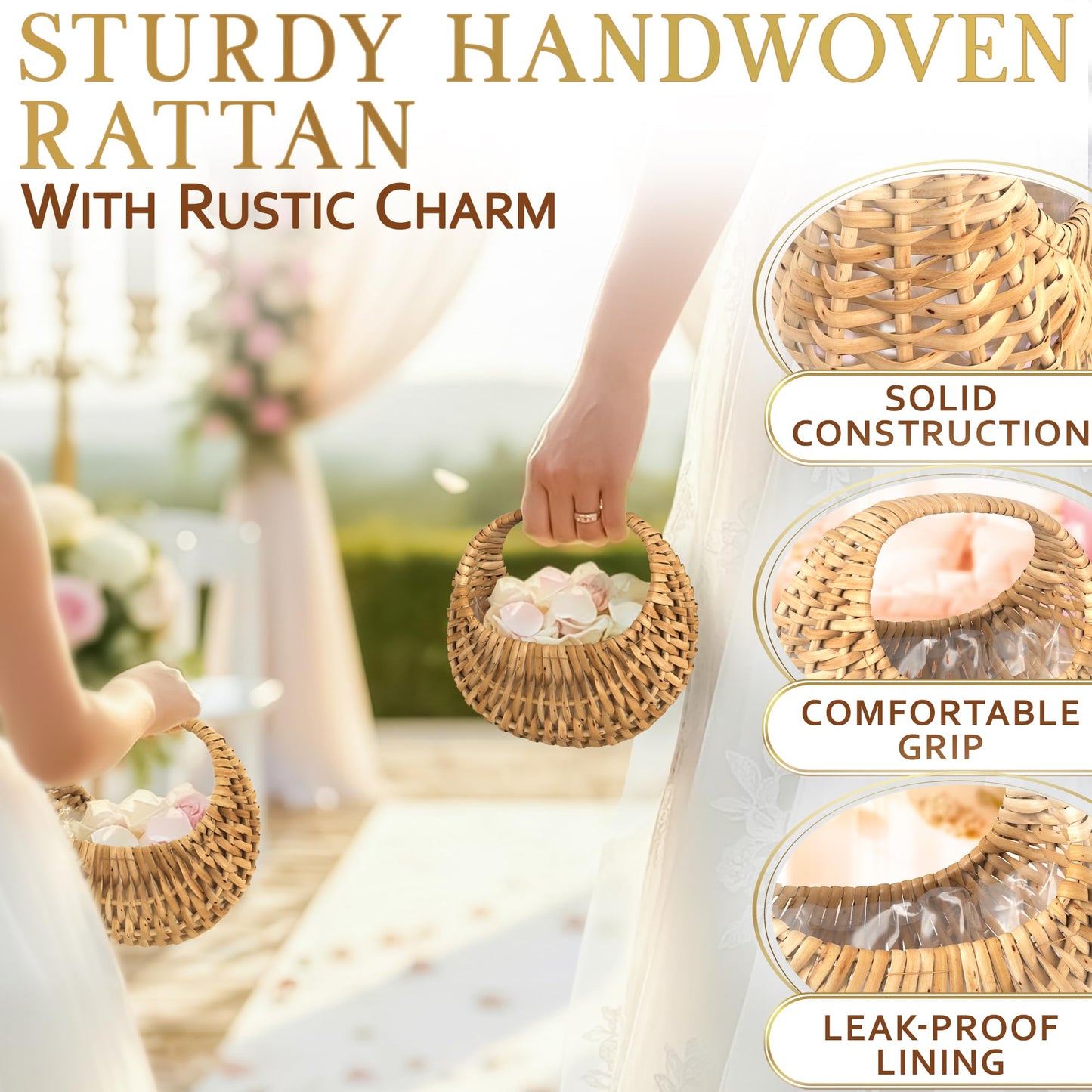 Flower Girl Basket Set of 2 - Charming Rattan with Waterproof Lining, 6.3 x 5.12 x 3.75 Inch - Small Wicker Basket with Handle for Wedding Flower Petals, Confetti, Candy, Gift, Storage & Home Decor