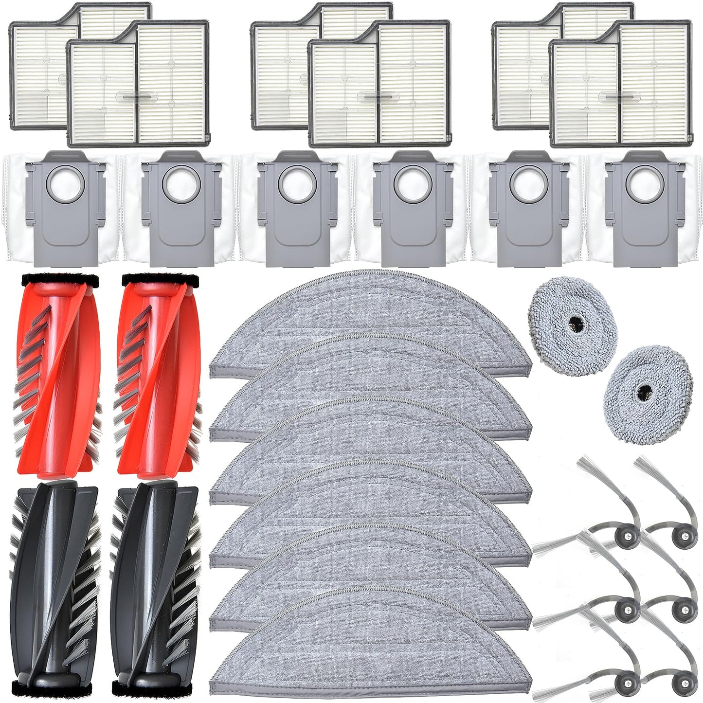 Accessories Replacement Parts Compatible with Roborock Saros 10 Robot Vacuum Cleaner, 4 Rubber Main Brush, 2 Edge-Hugging mop pad，6 Filters, 6 Dust Bags, 6 Mop Pads, 6 Side Brushes