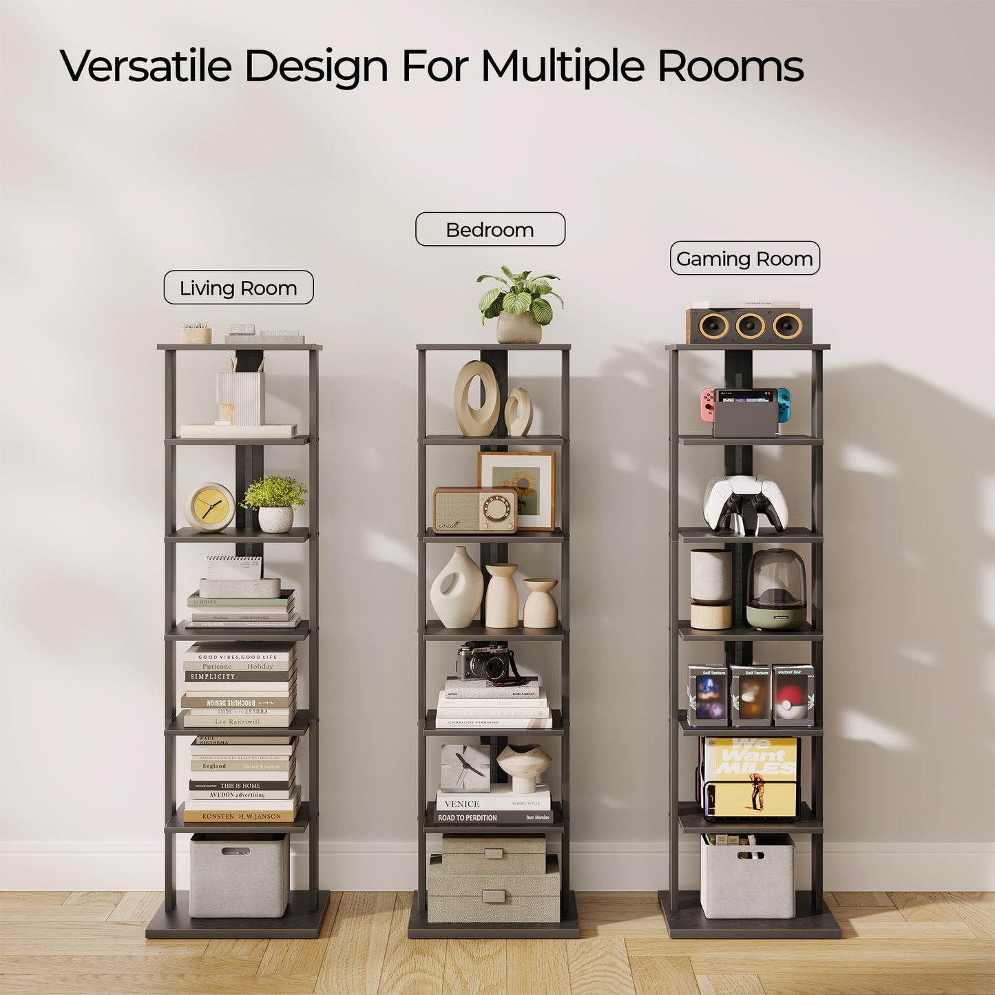 GLANZALANT 7-Tier Bookshelf, Narrow Bookcase with LED Lights, 47.2 Inch Book Shelf for Small Space, Display Storage Shelf for Living Room, Bedroom, Home Office, Study, Black