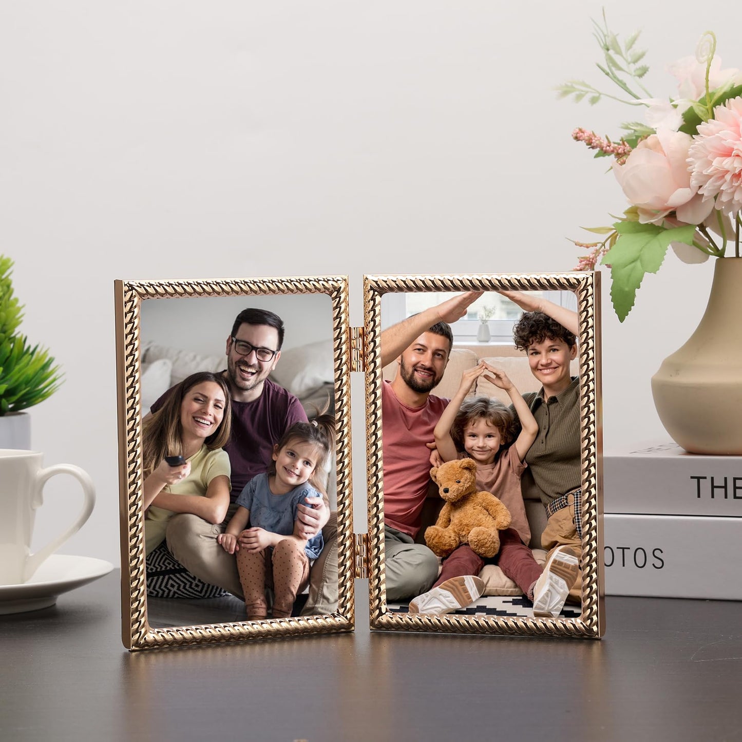 FineLiMoLa 5x7''Double Frames Gold Rope Design Metal Photo Frame with black Velvet Backing and Real Glass Front,5x7'' Hinged Double Picture Frame for Tabletop and Shelf Display