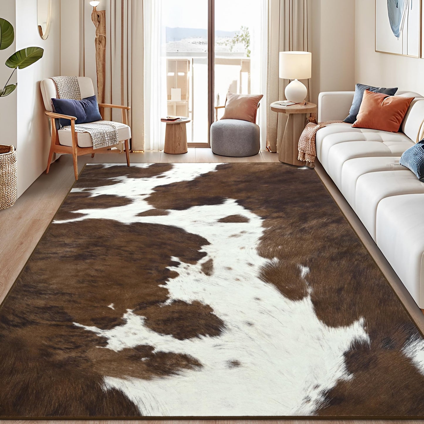 Foxmas Cow Print Rugs for Living Room Bedroom, 5x7 Washable Non-Slip Low Pile Indoor Floor Rug, Carpet for Dining Room Kitchen Office Western Home Decor, Brown
