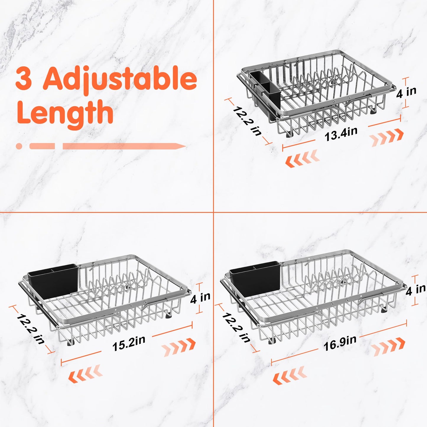 Expandable Over The Sink Dish Drainer Drying Rack In Stainless Steel Metal For Small Kitchen, Counter Space Saving Compact Above Plate Dryer Strainer, Adjustable Hanging Inside Sink Wire Drain Holder