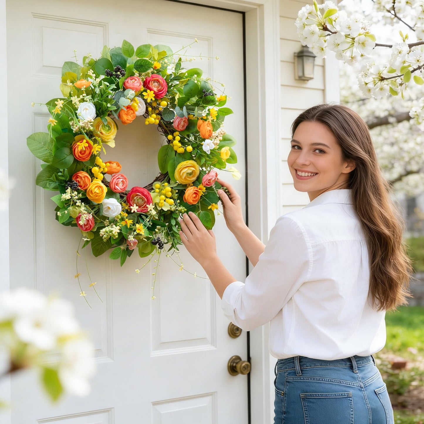 Spring Summer Wreaths for Front Door Outside 24 Inch, Summer Wreath Outdoor with Lotus and Berries, Green Floral Door Wreath for All Season Home Wall Wedding Farmhouse Holiday