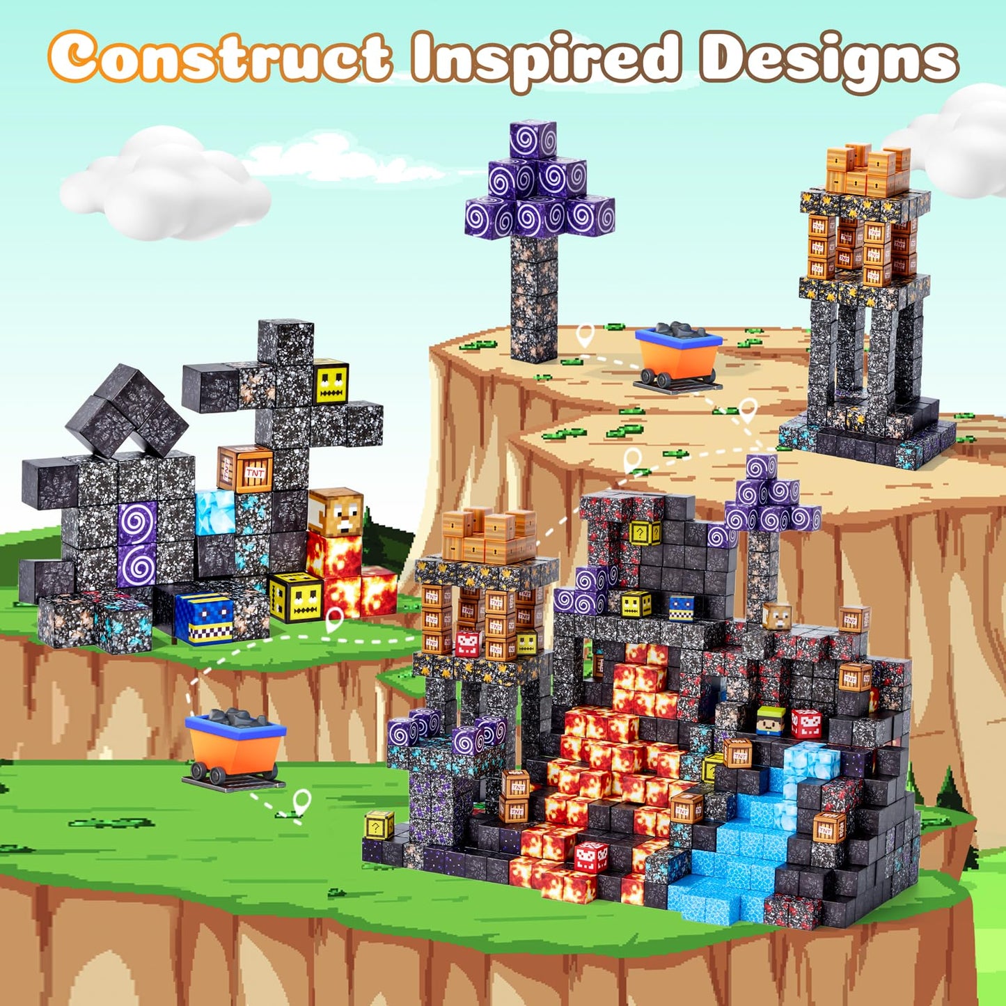 Magnetic Blocks, 150-Piece Magnetic Building Blocks, Volcano Theme 1-Inch Montessori STEM Stacking Magnet Blocks for Boys Girls Ages 3+, Educational Sensory Toys for Kids Christmas Birthday Gifts