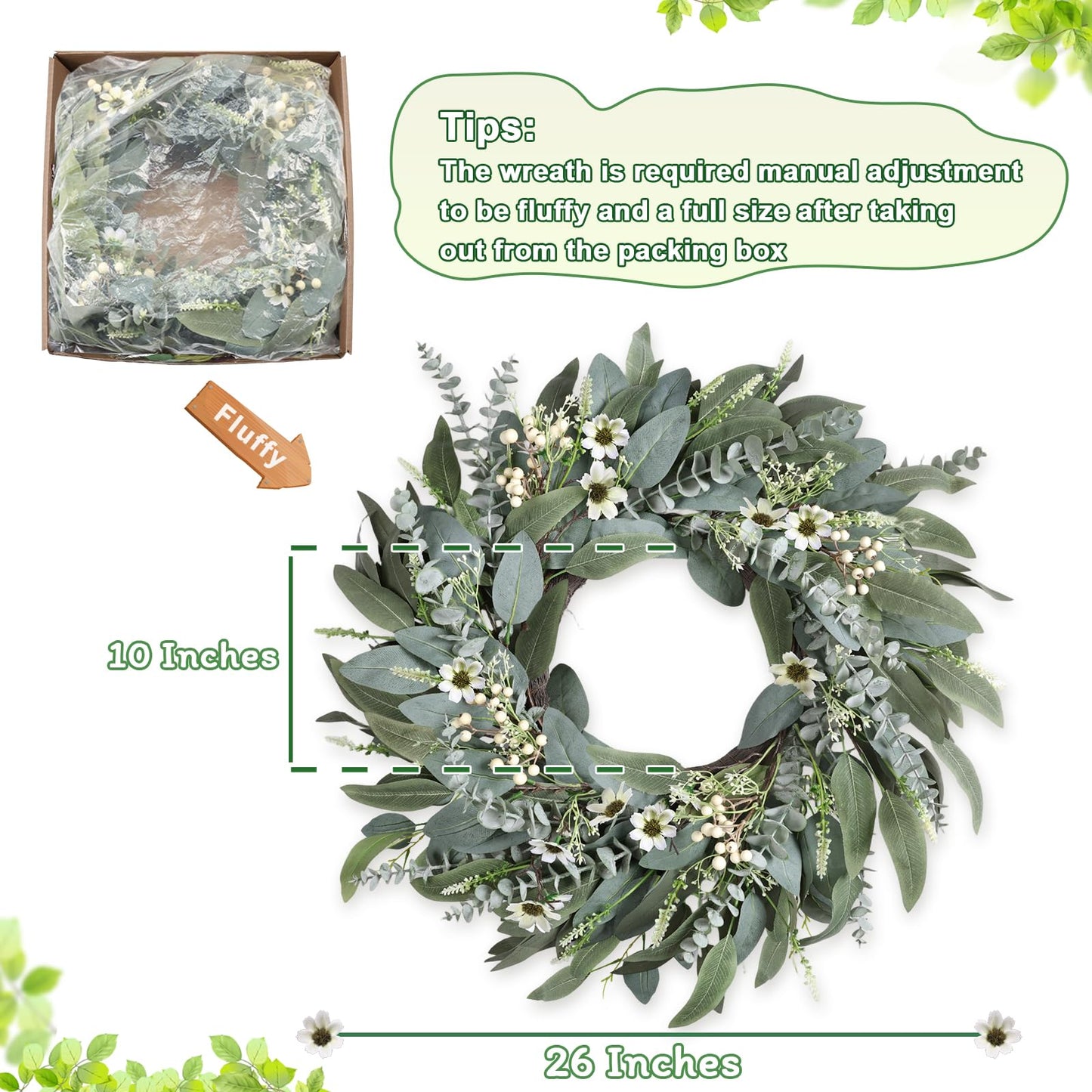26 Inches Large Eucalyptus Spring Wreaths for Front Door,Artificial Greenery Summer Wreath with Berries White Flower Daisy,Easter Valentines Farmhouse Porch Wall Home Indoor Outdoor Décor