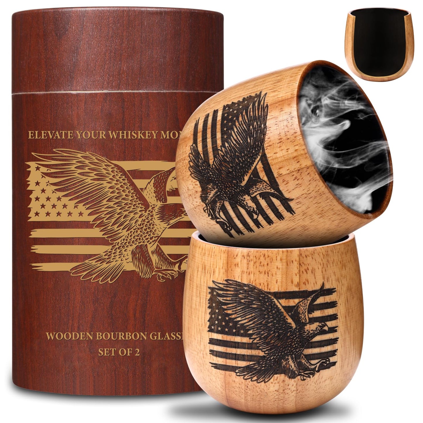 Original Oak Charred Whiskey Glass - Handcrafted Engraved Oak Whiskey Tumbler, Unbreakable Old Fashioned Glass, Unique Wooden Bourbon Drinking Glass for Men