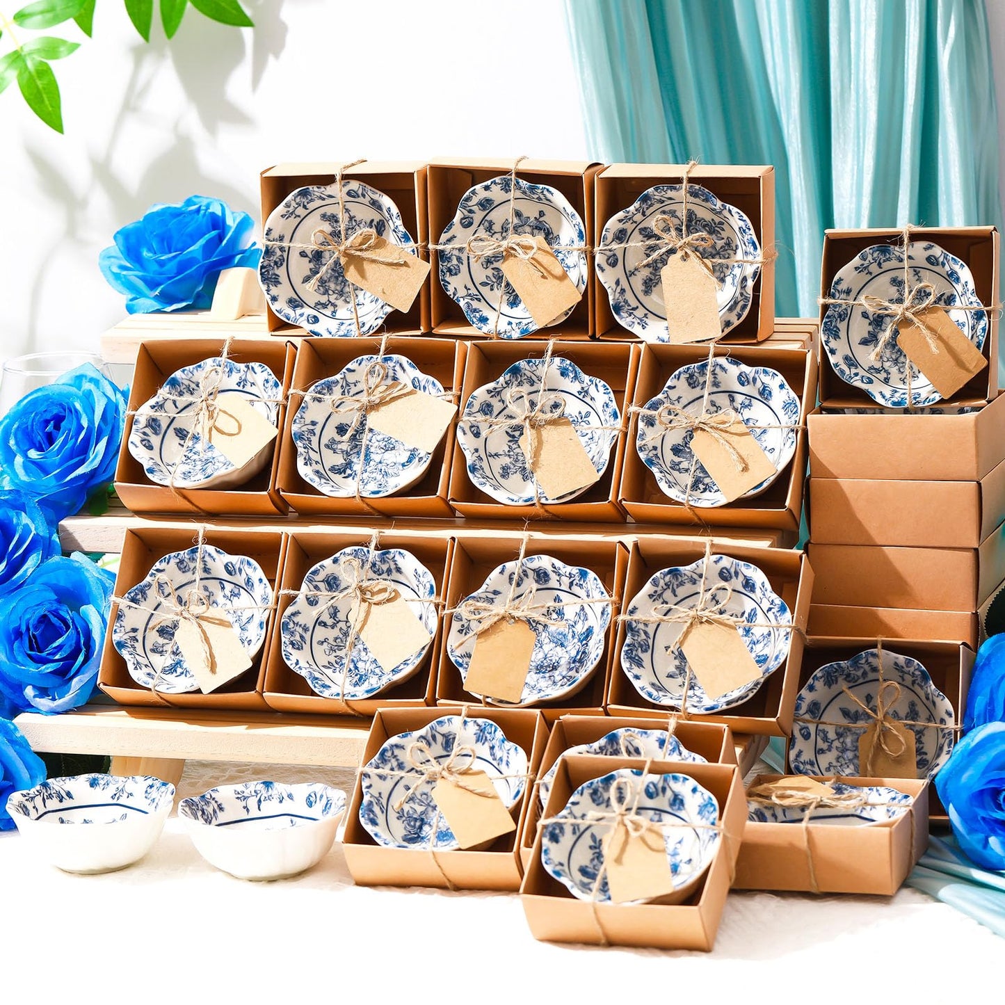 SiliFine 24 Pcs Wedding Favors for Guests Small Ceramic Bowl Bulk Gifts Set 3.3 Inch Floral Design Mini Dipping Sauce Dish with Card Box for Bridal Pooja Baby Shower Birthday (Flower,Blue)