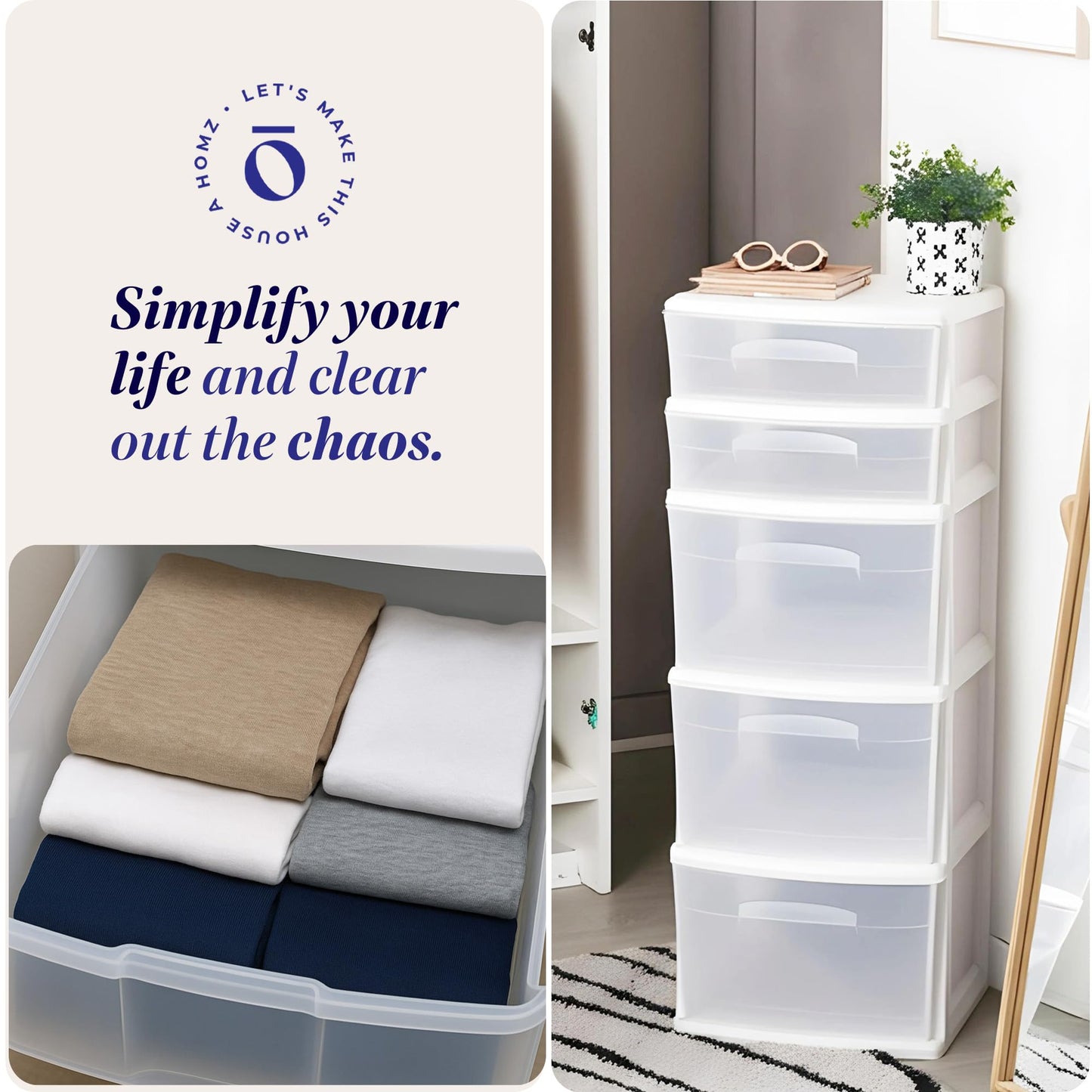 HOMZ 5-Drawer Storage Cart, Clear Plastic Drawers, 14.25" Wide Medium, White Frame - Organizing Drawer Containers for Home, Bathroom, Office, and Classroom
