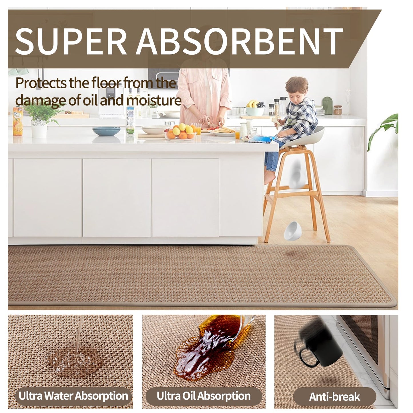 YDKGL Kitchen mats for Floor, Water and Oil Absorbent Runner Rugs for Kitchen, Kitchen Mat in Front of Sink,Non-Slip and Washable Kitchen Rugs,Braided Quick Dry Kitchen Standing Mat 17x47 Brown
