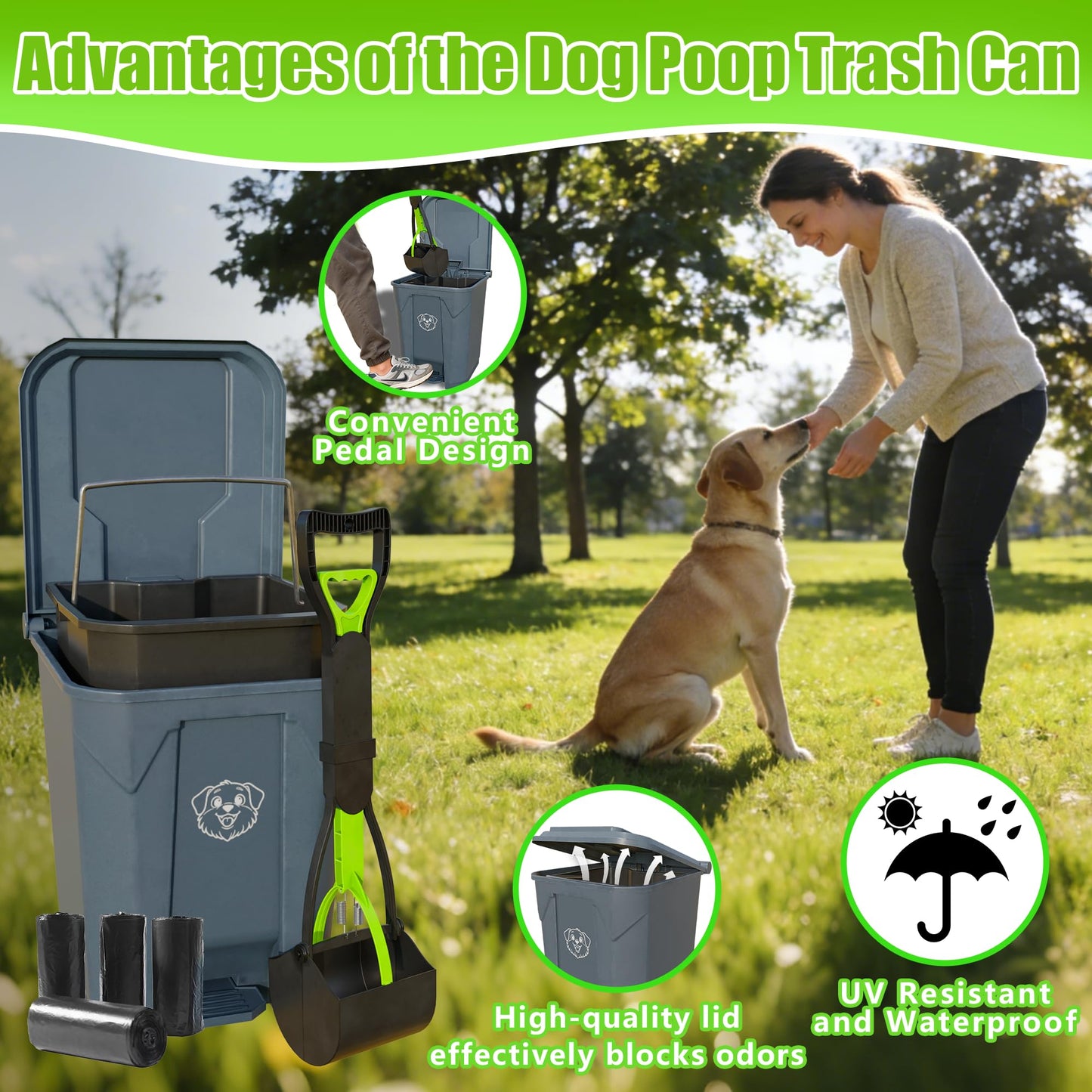 LNYBJS Outdoors Pet Waste Station 20L/5 Gallon Dog Poop Trash Can with Lid – Foot Pedal, Removable Inner Bin,Includes 200 Bonus Waste Bags & Long Handle Green Pooper Scooper