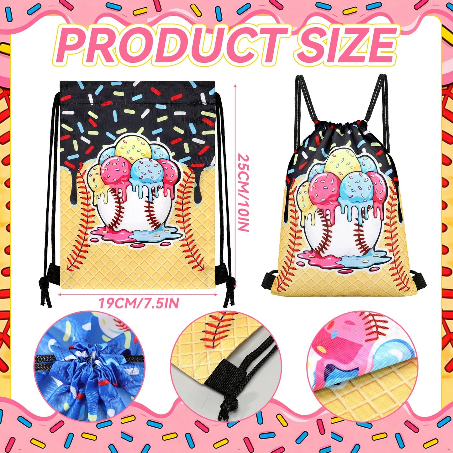 Sunnymove 36 Pcs Ice Cream Drip Baseball Party Favors 7.5'' x 10'' Baseball Drawstring Bag with Handle Ice Cream Drip Bags Bulk Sport Themed Gift Wraps Party Supply for Team Birthday Treat Candy Snack