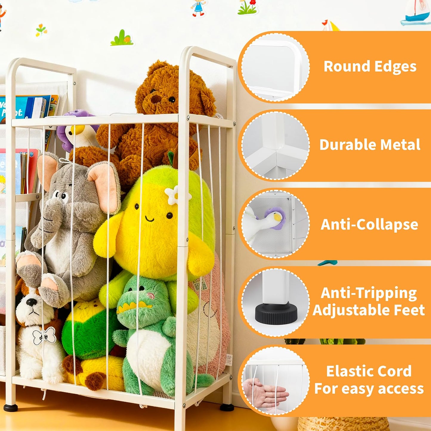 Kids’ Bookshelf & Stuffed Animal Storage – Large White 3-Tier Book Display Rack with Sling Shelves & Fabric Toy Chest | Toy Organizer for Playrooms, Bedrooms, Nurseries