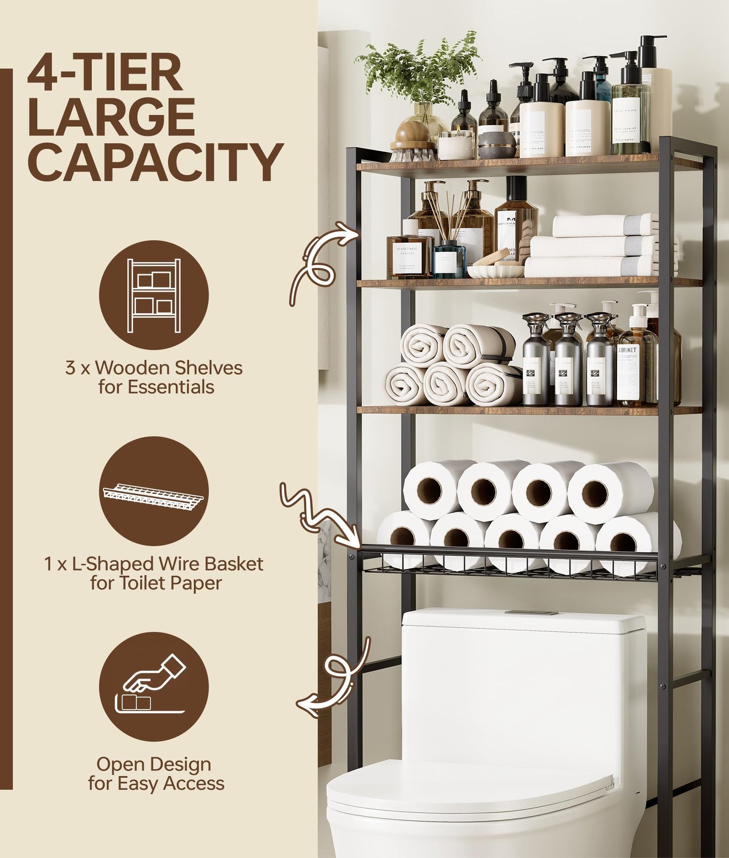 4-Tier Over-the-Toilet Storage Rack with One-Piece Wooden Shelves & Open Net Basket, Bathroom Organizer with Adjustable Feet & Anti-Tip Kit, Space-Saving Toilet Shelf, Brown, 24.4" x 9.4" x 69.3"