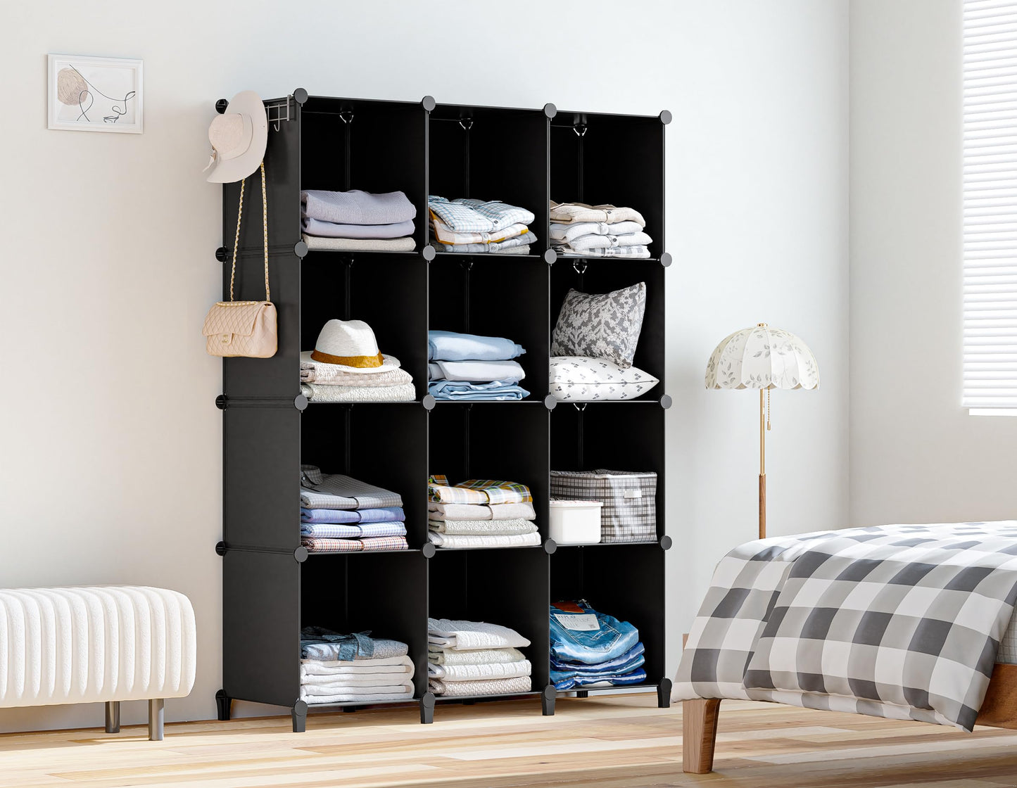 Closet Organizers and Storage, 12 Cube Storage Organizer, Portable Closet Organization Clothes Shelves for Kids, Closet, Bedroom, Bathroom, Office, Black