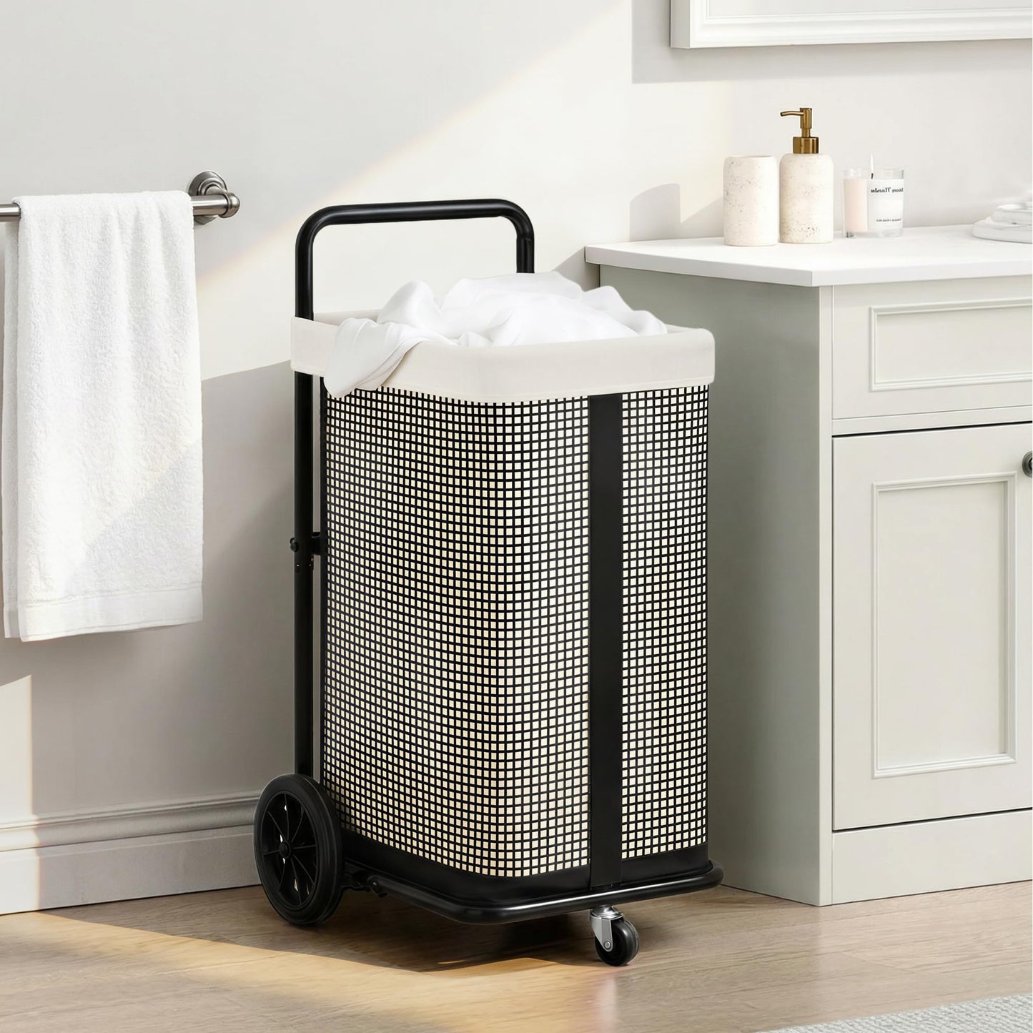 STORAGE MANIAC Rolling Laundry Cart with Wheels 37.4"H Laundry Hamper with Removable and Washable Canvas Liner Heavy Duty Laundry Basket Sorter Utility Cart Steel Frame for Clothes & Groceries, Beige