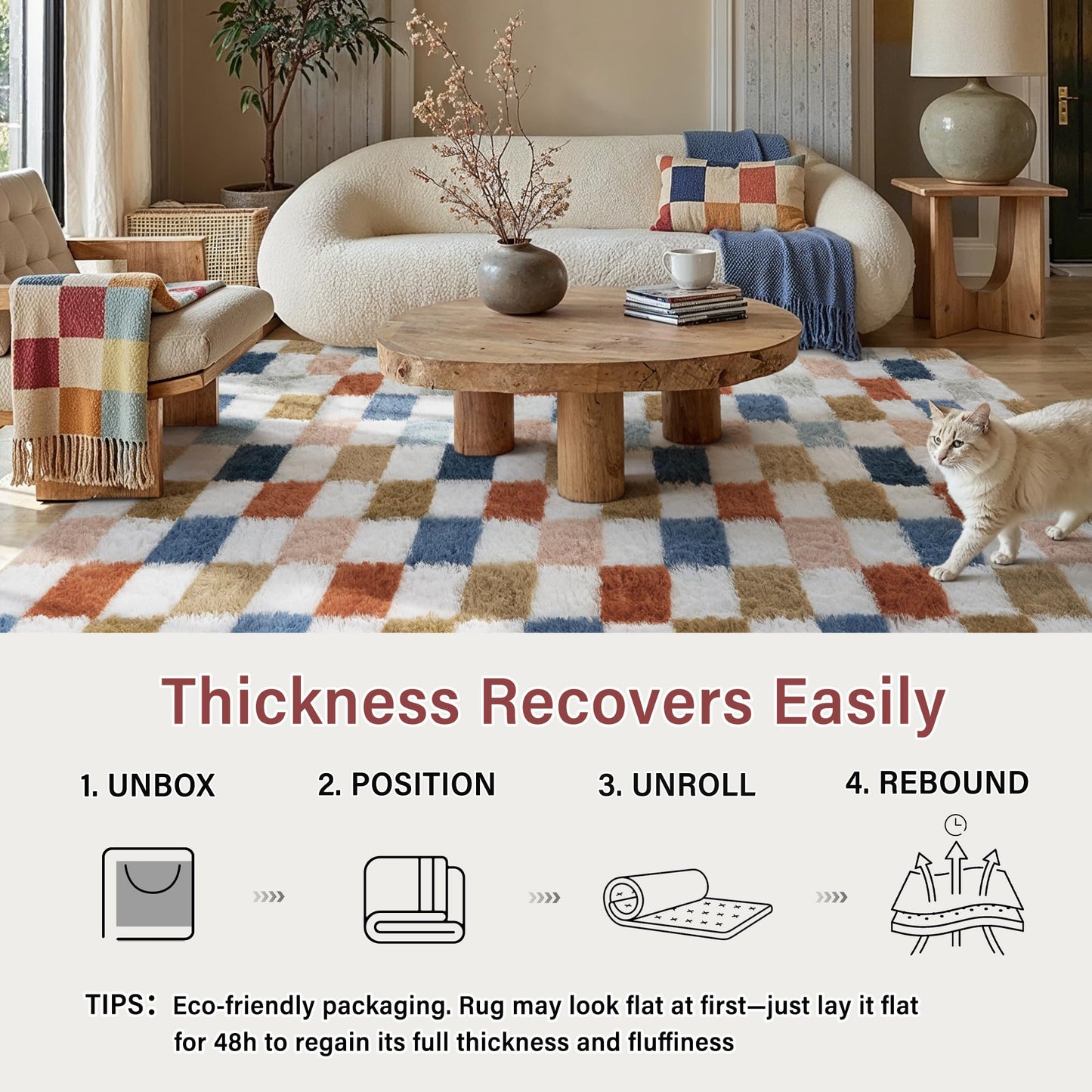 PureCozy Checkered Rug 5x8 for Living Room, Modern Rainbow Shag Rug Super Soft Washable Indoor Fuzzy Carpet Non-Slip Fluffy Rugs for Bedroom Home Aesthetic Decor