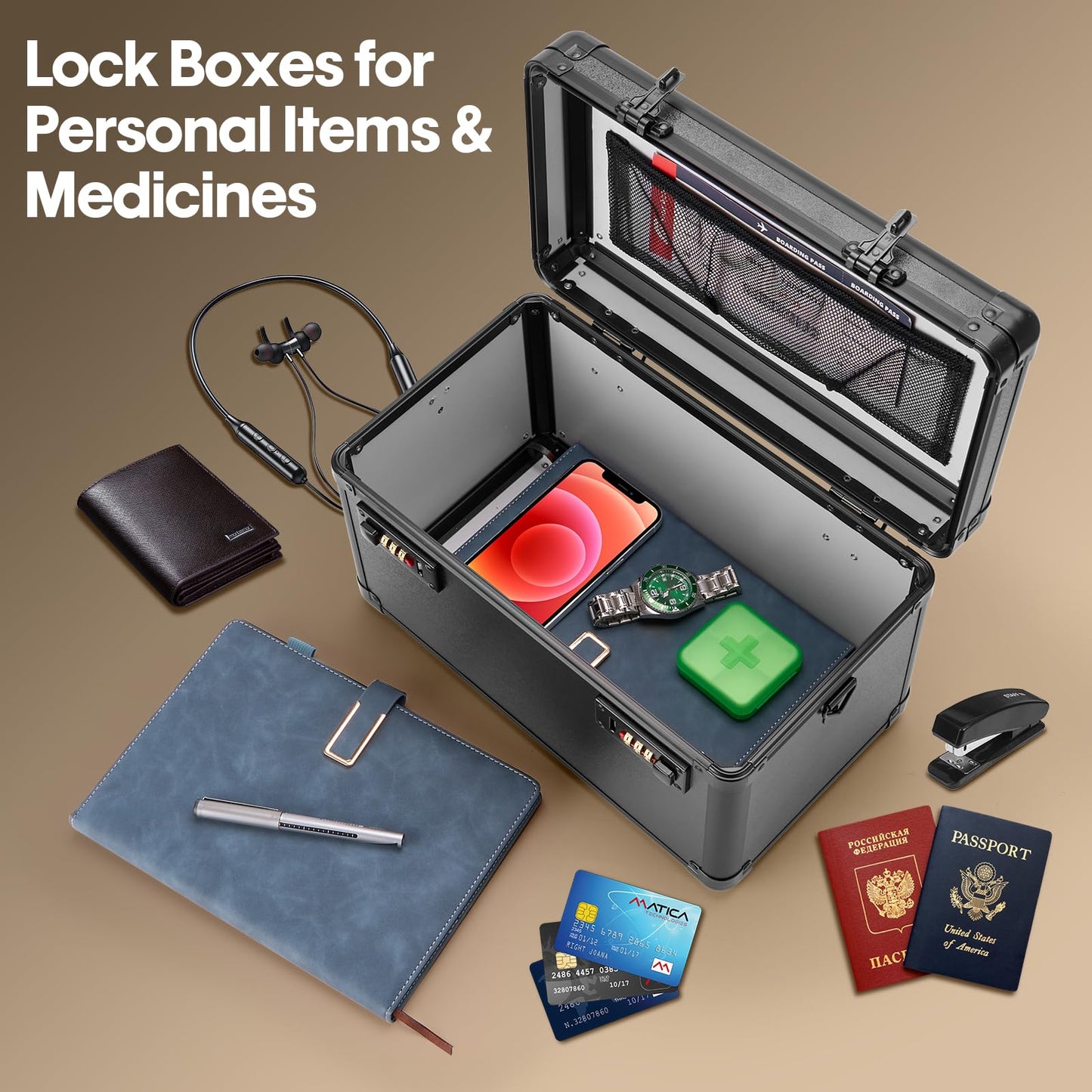 LOCKCURX Lock Box - Security Combination Lock Box, Locking Storage Case for Personal Items and Medicine, Childproof Lockable Lockbox for Home/Office/School, 10.2x6.8x6.9 Inch, Black